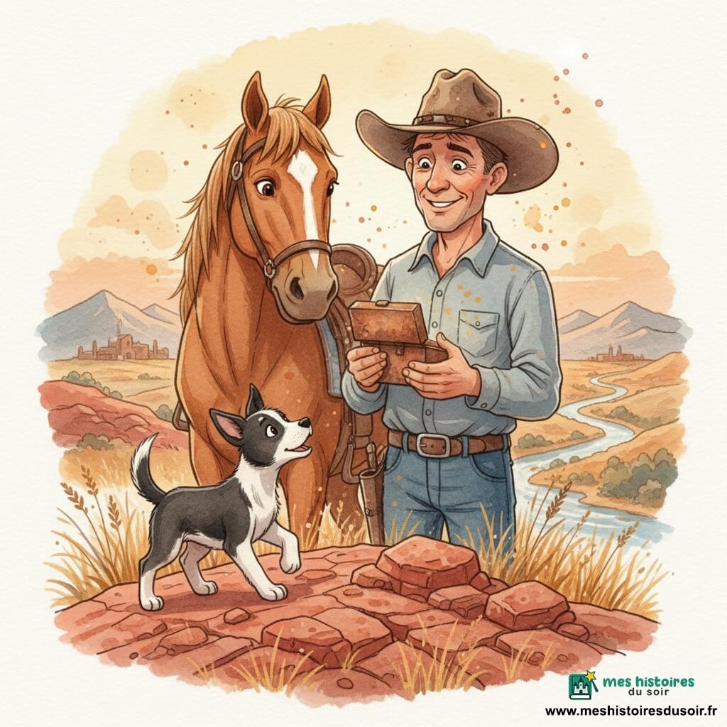 Jack, homme adulte grand et souriant au visage buriné et peau hâlée, cheveux bruns courts sous un large chapeau de cow‑boy usé, tient à deux mains une petite boîte en fer rouillée, les yeux brillants d’émerveillement ; au premier plan à gauche, Zéphyr, chiot noir et blanc vif et joueur, la queue en l’air renifle la boîte ; derrière Jack, Biscuit, cheval bai large et calme portant une petite selle usée, incline la tête vers lui, une mèche blanche en forme d’étoile au front ; la scène se déroule sur une colline de rochers rouges, terre craquelée et herbes sèches dorées, la Rivière Grise serpente en contrebas et un ranch se devine au pied des montagnes ; Jack vient de retrouver la boîte cachée, une lumière chaude de coucher de soleil dore la scène, des poussières s’envolent et quelques éclaboussures d’aquarelle ajoutent une atmosphère douce et aventureuse ; palette : ocres, rouges terre, bleus gris doux et touches de rose orangé ; textures granuleuses, contours doux et éclaboussures maîtrisées pour un rendu chaleureux et enfantin.