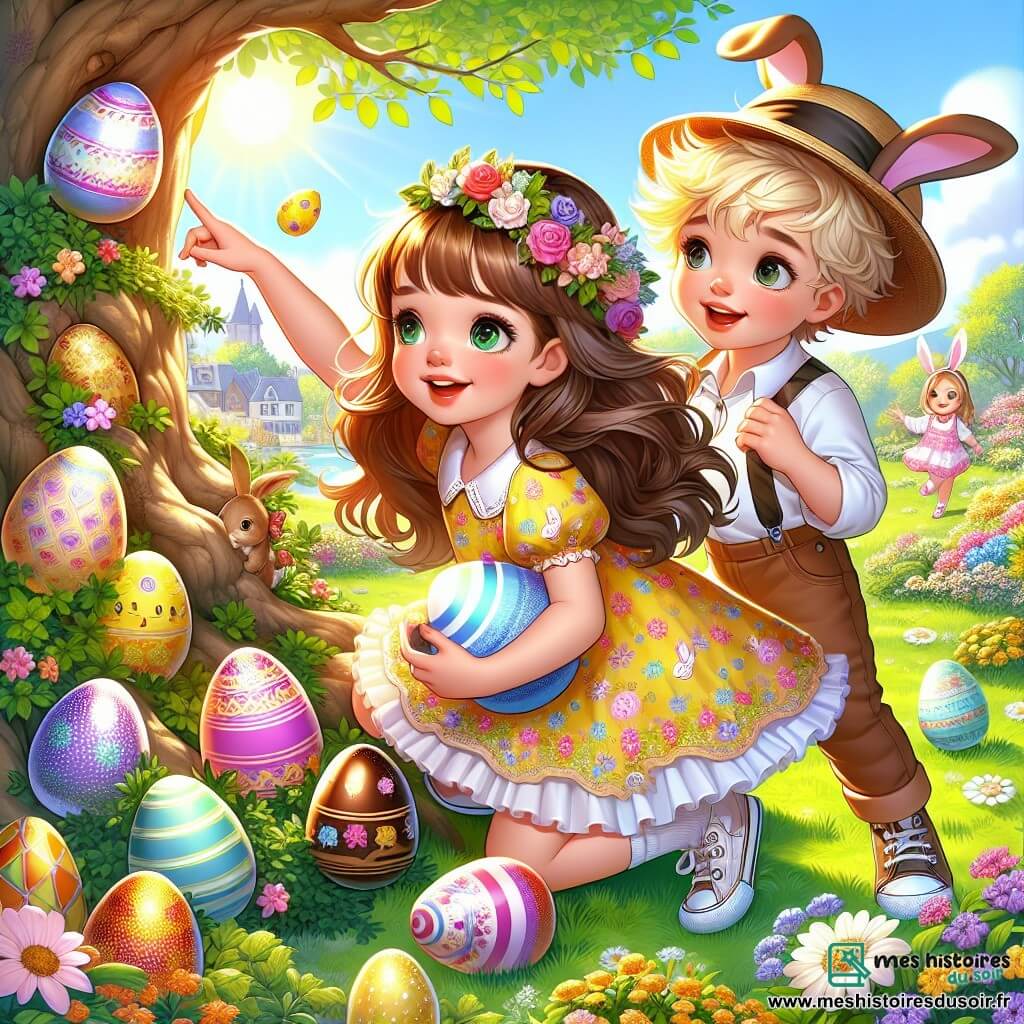 Dans un jardin ensoleillé, trois enfants participent à une chasse aux œufs de Pâques. Zoé, presque quatre ans, a de longs cheveux bruns et porte une robe jaune avec des motifs de lapins, tenant un grand œuf coloré. Tom, un garçon de quatre ans avec des cheveux blonds en bataille et un chapeau de paille, pointe un œuf caché derrière un buisson. Lili, également quatre ans, a des cheveux châtains et porte une robe à fleurs, sautant de joie près d'un arbre magique rempli d'œufs en chocolat. Le jardin est rempli de fleurs colorées et d'œufs brillants cachés sous un grand arbre. Les enfants sont émerveillés par la découverte d'un œuf géant, tandis qu'un petit papillon magique vole autour d'eux, ajoutant une touche de magie à cette journée de Pâques.