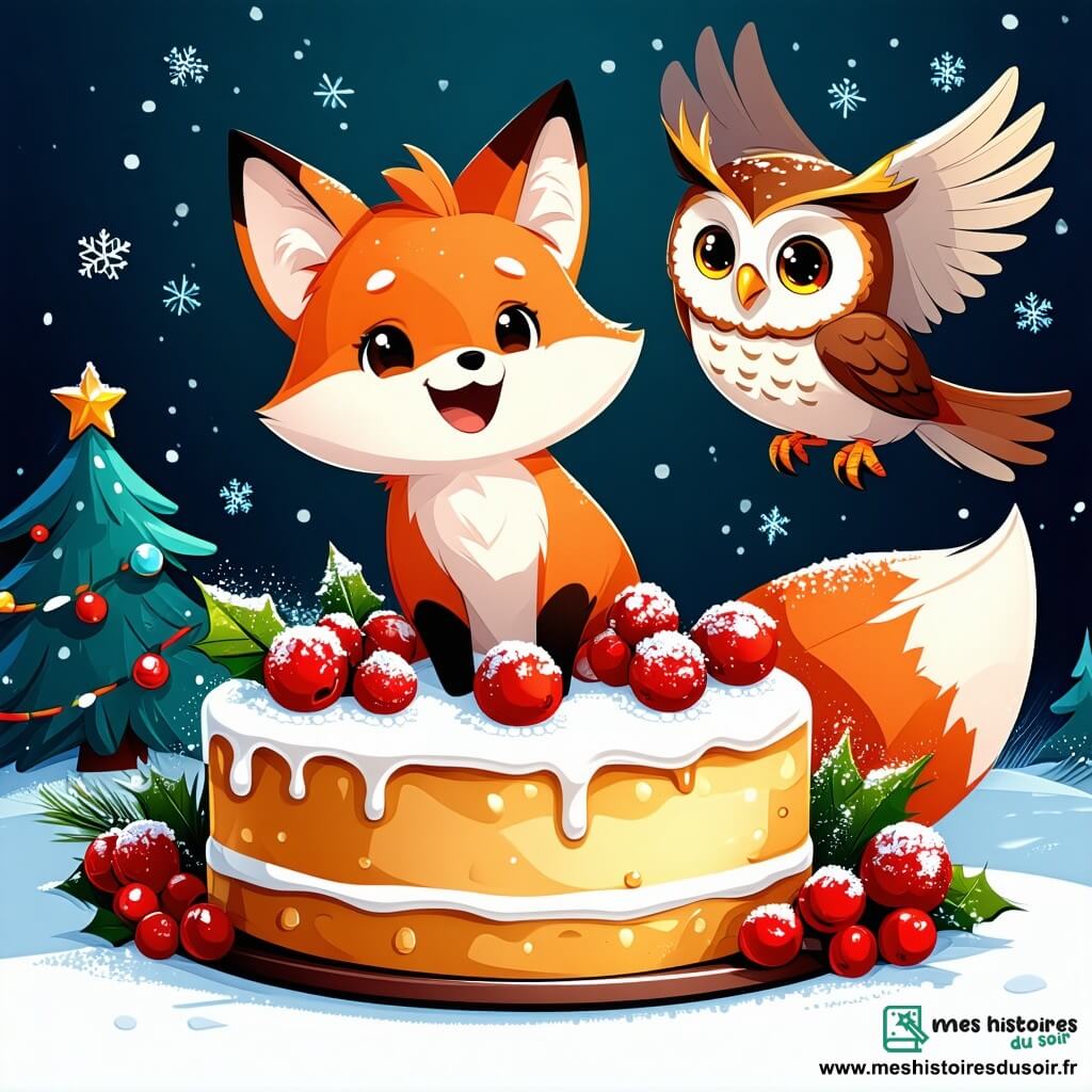 Un renard nommé Rouxy, avec un pelage flamboyant et des yeux pétillants, danse autour d'un gâteau de Noël doré, décoré de baies rouges et de flocons de neige en sucre, affichant un grand sourire. À ses côtés, Pipo le hibou, avec ses plumes brunes et ses yeux curieux, vole au-dessus du gâteau en riant, admirant la création de son ami. La scène se déroule dans un terrier douillet, illuminé et décoré pour Noël, avec des flocons de neige tombant doucement à l'extérieur, créant une ambiance magique. Rouxy et Pipo célèbrent ensemble Noël, prêts à partager leur gâteau avec leurs amis de la forêt.