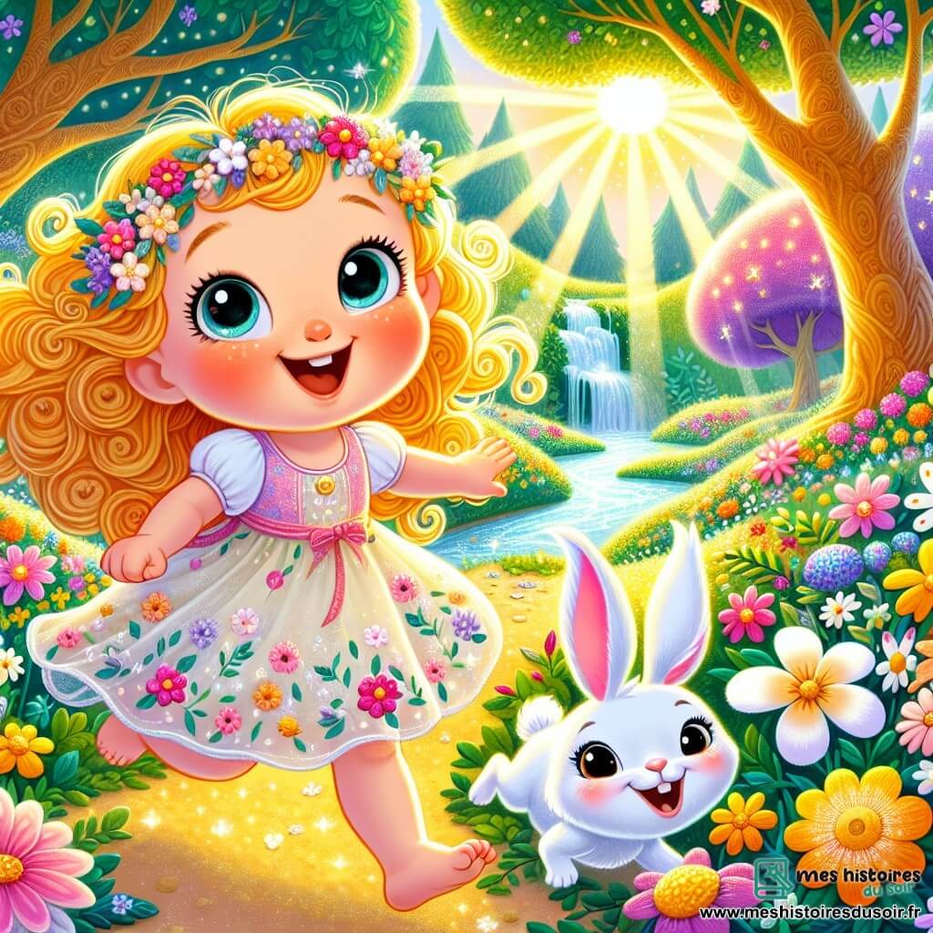 Lila, une petite fille de 2 ans aux grands yeux brillants et aux cheveux bouclés dorés, sourit en courant dans un jardin enchanté. Elle porte une robe légère à fleurs colorées et a les joues rosies par l'excitation. À ses côtés, Max, un lapin magique au pelage blanc éclatant, bondit joyeusement. Le jardin est rempli de fleurs multicolores, d'arbres aux troncs dorés et d'une rivière scintillante. Lila et Max découvrent un trésor caché près de la rivière : une petite boîte dorée qui brille au soleil. Lila, émerveillée, s'apprête à l'ouvrir, tandis que Max attend avec impatience.