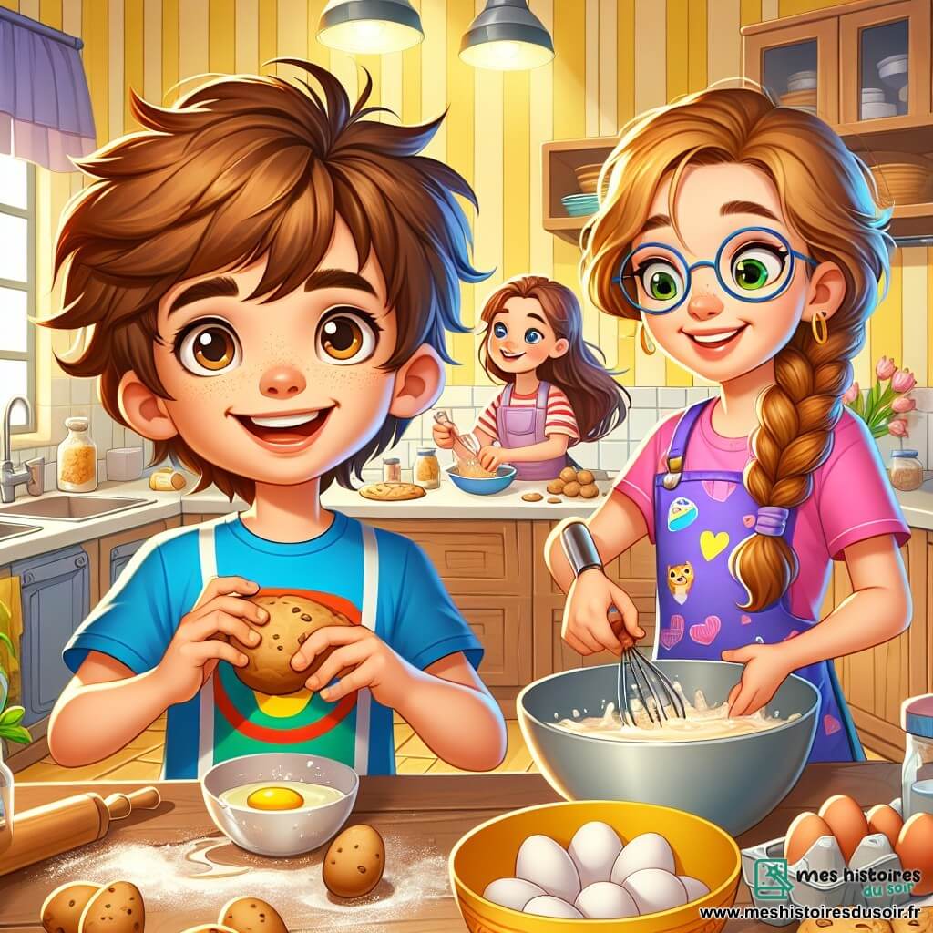 Léo, un garçon de 8 ans aux cheveux bruns en bataille et aux yeux curieux, sourit en préparant des cookies dans la cuisine, vêtu d'un t-shirt bleu de super-héros et d'un tablier coloré. À sa droite, sa grande sœur Emma, 12 ans, avec de longs cheveux blonds tressés, casse des œufs dans un bol, souriant avec complicité. Leur maman, une femme d'une trentaine d'années avec des cheveux châtains et des lunettes, mélange la pâte en arrière-plan, joyeuse. La cuisine lumineuse et accueillante, aux murs jaunes et aux étagères de livres de recettes, crée une ambiance familiale. La scène illustre le plaisir de préparer des cookies ensemble, riant et partageant des moments sans écran.