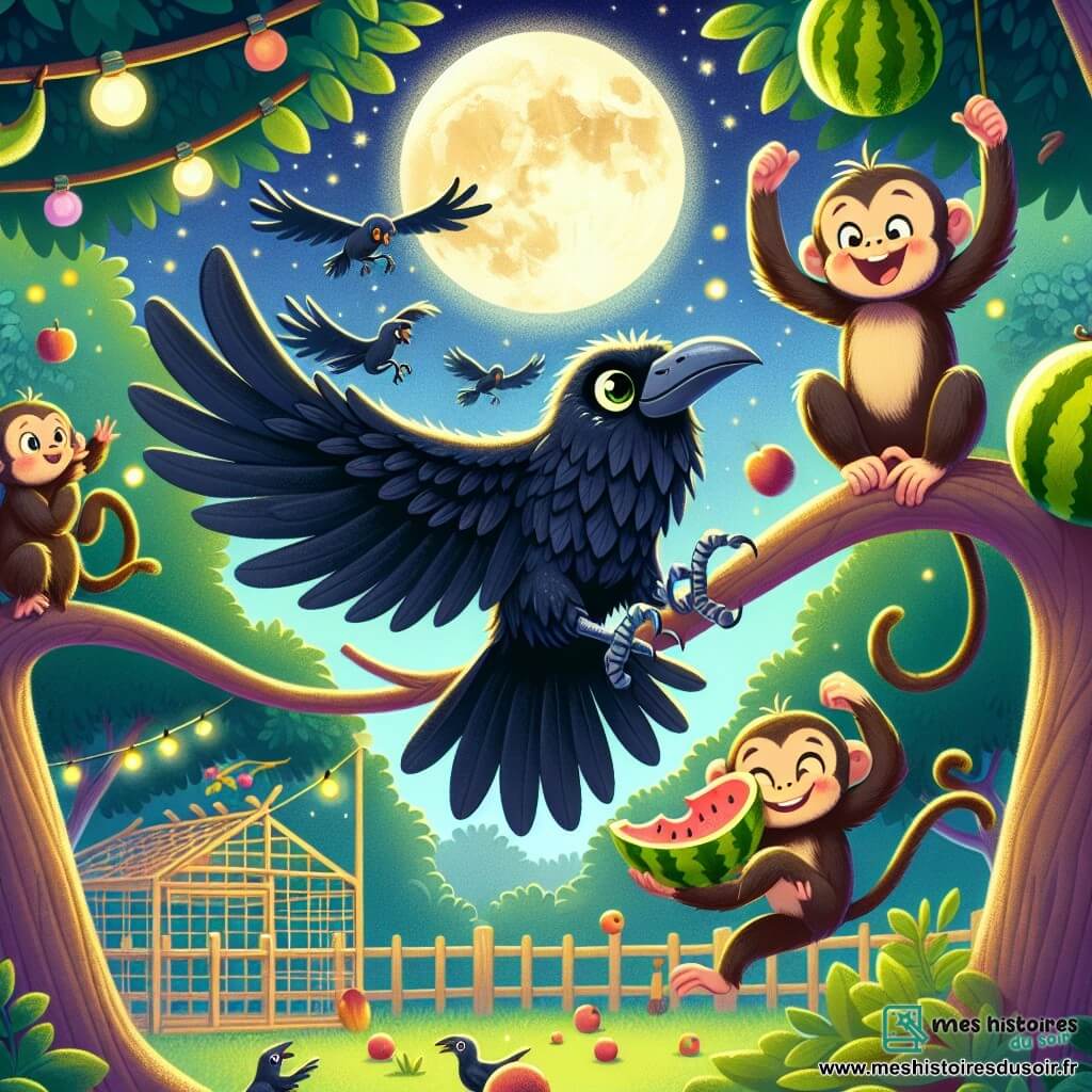 Un corbeau nommé Coco, avec des plumes noires et des yeux curieux, se tient sur une branche, le bec ouvert, exprimant excitation et surprise. À côté, deux singes espiègles, Sam et Lili, aux pelages marron clair, sautent de branche en branche en riant. Sam fait une pirouette tandis que Lili, avec de grandes oreilles, se balance en tenant une pastèque. En arrière-plan, le zoo est illuminé par la lune, avec des cages colorées et des arbres, créant une atmosphère magique. La scène montre Coco et ses amis en pleine compétition de lancer de pastèque, remplissant l'espace de joie.