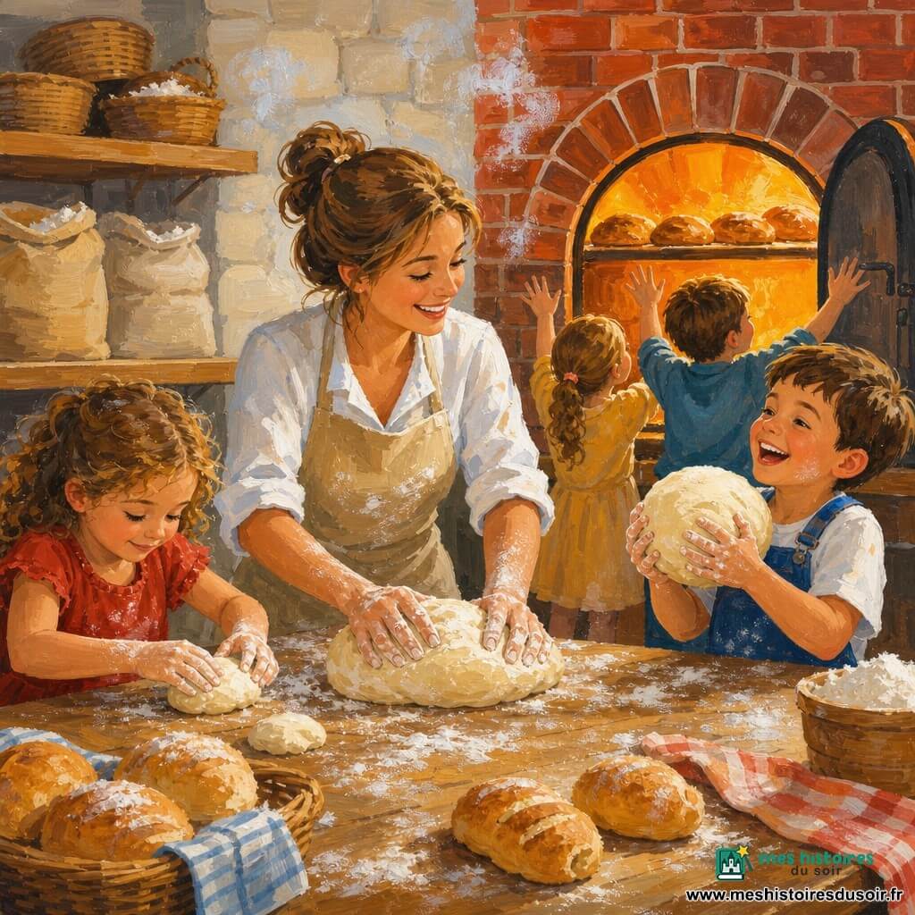 Une boulangère souriante aux cheveux châtain clair en chignon et tablier beige poudré de farine montre comment pétrir une boule de pâte, entourée d’enfants : une fillette de ~6 ans en robe rouge aux mains farinées façonne son pain à gauche, un garçon de ~7 ans en salopette bleue rit en tenant une grosse boule de pâte à droite, et deux autres enfants en arrière-plan regardent émerveillés à travers la vitre du four où des pains dorés gonflent. Le fournil chaleureux aux murs de pierre claire et grandes étagères en bois remplies de sacs et paniers présente un grand four en brique rouge laissant échapper une lumière orangée, un comptoir en bois marqué de farine et torchons colorés. La scène montre l’enseignement du pétrissage, des nuages de farine flottants, des petits pains sur la table, rires d’enfants et lumière chaude du four ; palette de couleurs chaudes et naturelles, textures acryliques et coups de pinceau doux.