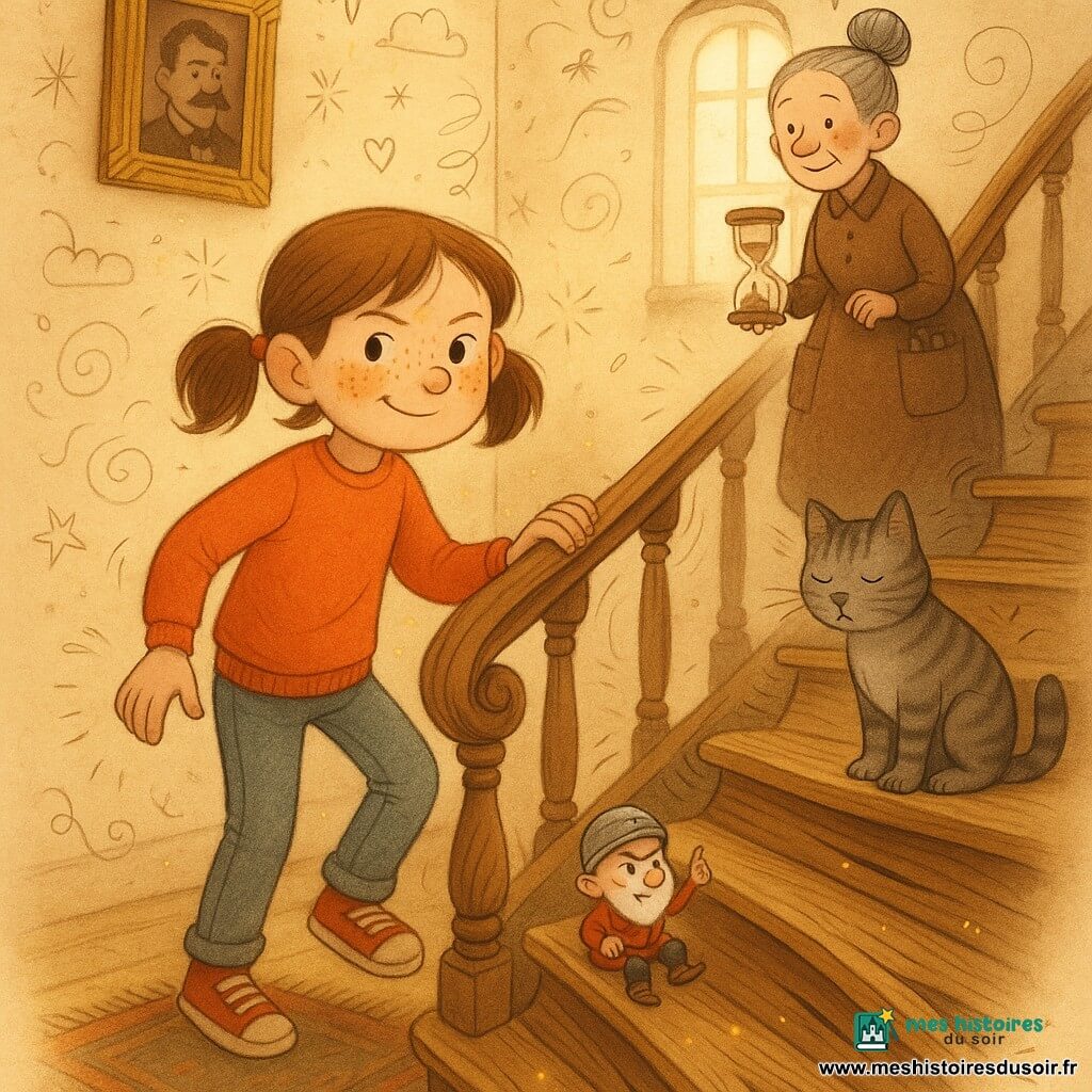 Lina, 10 ans, visage rond et taches de rousseur, cheveux châtain en couette, regard déterminé et tendre, pose une main sur la rampe en bois et parle doucement à l’escalier; un petit gnome de poche, haut comme un doigt, casque en capsule de bouteille, expression malicieuse mais inquiète, est assis sur une marche et montre la suivante; Madame Palière, environ 70 ans, chignon serré et robe aux poches remplies d’objets, tient un sablier rempli de miettes de biscuits sur le palier; le chat Mistral, gris rayé, yeux mi-clos, pose une patte sur une marche et observe; l’escalier ancien semble vivant (marches légèrement inclinées, veinures visibles, petites lumières dorées le long des contremarches, rampe finement sculptée qui vibre) dans un couloir chaleureux aux murs crème, tableaux anciens et lumière douce; scène comique et tendre, ambiance fantasy humoristique.