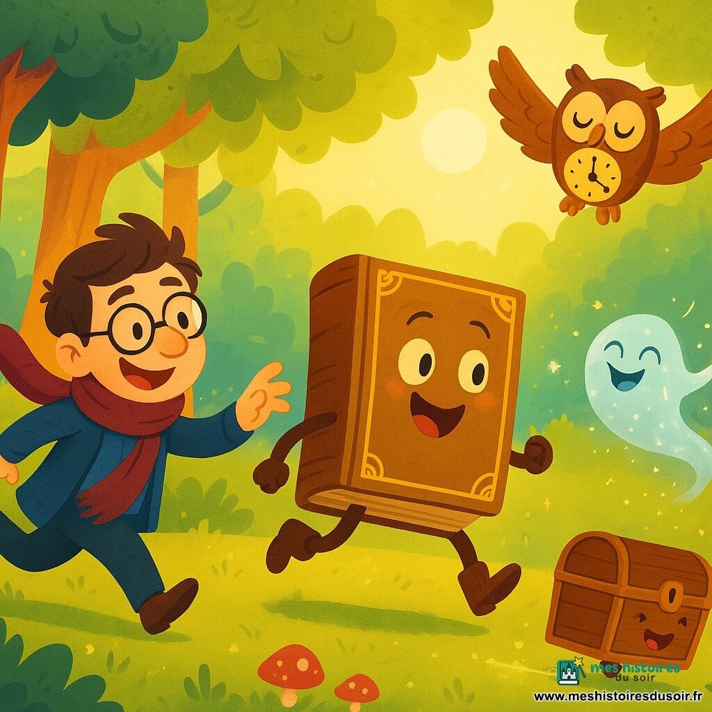 Plumillon, un bibliothécaire avec une écharpe trop longue et des lunettes glissantes, a un sourire malicieux et court après un grimoire animé. Le Grimoire Galopant, un livre ancien avec une couverture dorée et des petites bottes de cuir dessinées, bondit joyeusement dans une clairière ensoleillée. À côté, Perlebruine, une limace de brume scintillante, laisse une traînée d'étincelles en riant. Le coffre chanteur, un coffre en bois avec un visage souriant, roule en chantant une fanfare. Tick-Tac, un hibou-horloge avec des aiguilles sur le ventre, vole au-dessus en clignant des yeux. La clairière est entourée d'arbres bavards aux troncs colorés, avec des champignons dansant en cercle. Le soleil filtre à travers les feuilles, créant des motifs lumineux sur le sol. La scène est remplie de rires et de magie, capturant un moment de poursuite joyeuse et d'aventure.