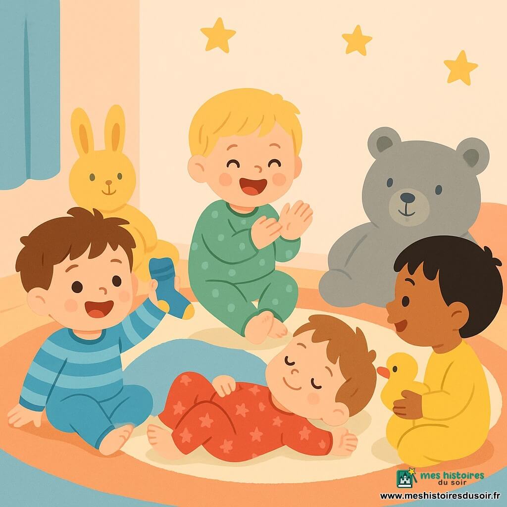 Quatre enfants jouent dans une chambre d'enfant chaleureuse. Léo, presque 1 an, a des cheveux bruns et un pyjama bleu à rayures ; il sourit en levant une chaussette. Max, aussi presque 1 an, a des cheveux blonds et un pyjama vert à pois ; il tape des mains joyeusement. Tom, avec des cheveux châtains et un pyjama rouge à étoiles, roule sur le dos près de Max. Nino, avec des cheveux noirs et un pyjama jaune, tient un canard en plastique en faisant un bruit de « pouet ». La pièce est décorée de murs pastel, d'étoiles brillantes et de coussins en forme d'animaux, créant une ambiance paisible. Les garçons préparent leur dodo en riant et jouant ensemble.