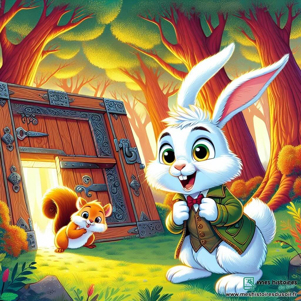 Un jeune lapin nommé Flocon, avec un pelage blanc éclatant et des yeux curieux, se tient devant une trappe en bois ornée de motifs. Il a une expression émerveillée, prêt à découvrir ce qui se cache à l'intérieur. À ses côtés, un écureuil espiègle nommé Éclair, au pelage brun doré, affiche un sourire malicieux. Ils se trouvent dans une clairière ensoleillée, entourée d'arbres majestueux, tandis qu'une lumière dorée filtre à travers les branches. Flocon et Éclair sont sur le point d'ouvrir la trappe mystérieuse, leurs cœurs battant d'excitation, prêts à vivre une aventure magique.