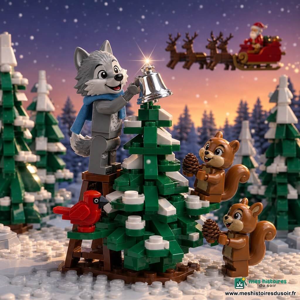Un petit loup anthropomorphe gris clair, joyeux et intrépide, écharpe bleu ciel, se tient sur une marche pour accrocher un grelot argenté au sommet d’un grand sapin; au loin, une silhouette chaleureuse de Père Noël en manteau rouge et barbe blanche observe depuis un traîneau tiré par rennes sombres; deux écureuils bruns, curieux, perchés sur des branches basses tiennent des pommes de pin décoratives, un oiseau rouge posé à proximité regarde le grelot scintiller, tandis que la forêt enneigée de sapins verts couverts de neige et le ciel pastel crépusculaire avec flocons créent une ambiance chaleureuse et festive en briques colorées.