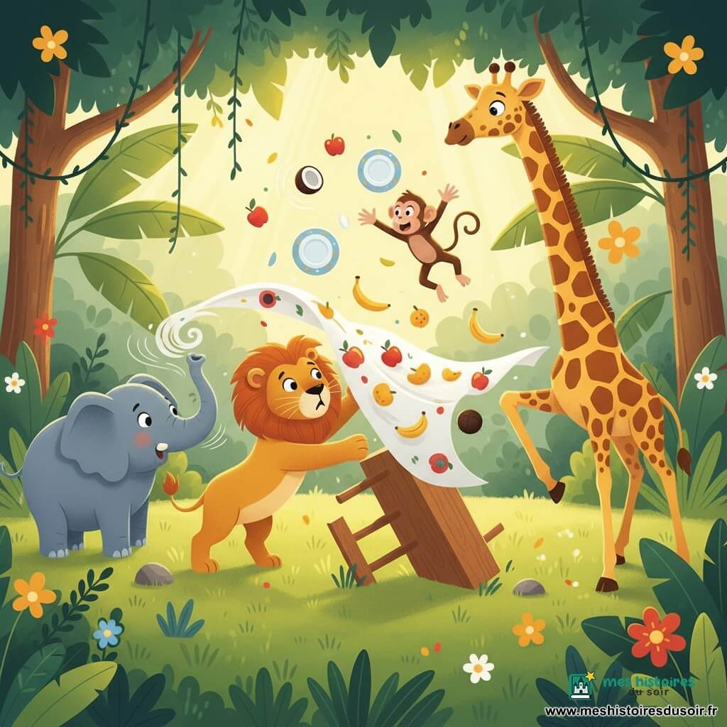 Dans une clairière de jungle ensoleillée, un lion roux au pelage doux, surpris, tend la patte vers une nappe qui s'envole emportant assiettes et fruits; une girafe tachetée étire son long cou pour aider, un singe malicieux saute vers des noix de coco voltigeantes et un éléphant gris souffle de la trompe depuis la gauche; herbe verte, lianes, grandes feuilles de bananier et fleurs colorées entourent une table en bois; scène dynamique de coopération, couleurs vives, ombres douces et silhouettes simples adaptées aux enfants.