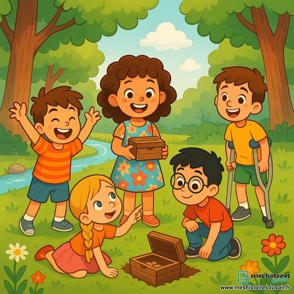 Cinq personnages principaux : Léa, une fille de 8 ans avec des cheveux bouclés et une robe à fleurs, souriante au centre avec une boîte en bois ; Max, un garçon de 8 ans à gauche, riant avec un t-shirt rayé ; Clara, à droite, allongée sur l'herbe en jupe rose, pointant un nuage ; Sam, accroupi près de la boîte avec des lunettes et un short bleu ; Léo, en arrière avec des béquilles, souriant. Le cadre est une forêt enchantée avec de grands arbres, un sol d'herbe douce et un ruisseau scintillant. Les enfants découvrent ensemble la boîte remplie de souvenirs d'enfance, riant et partageant des moments, illustrant leur amitié.