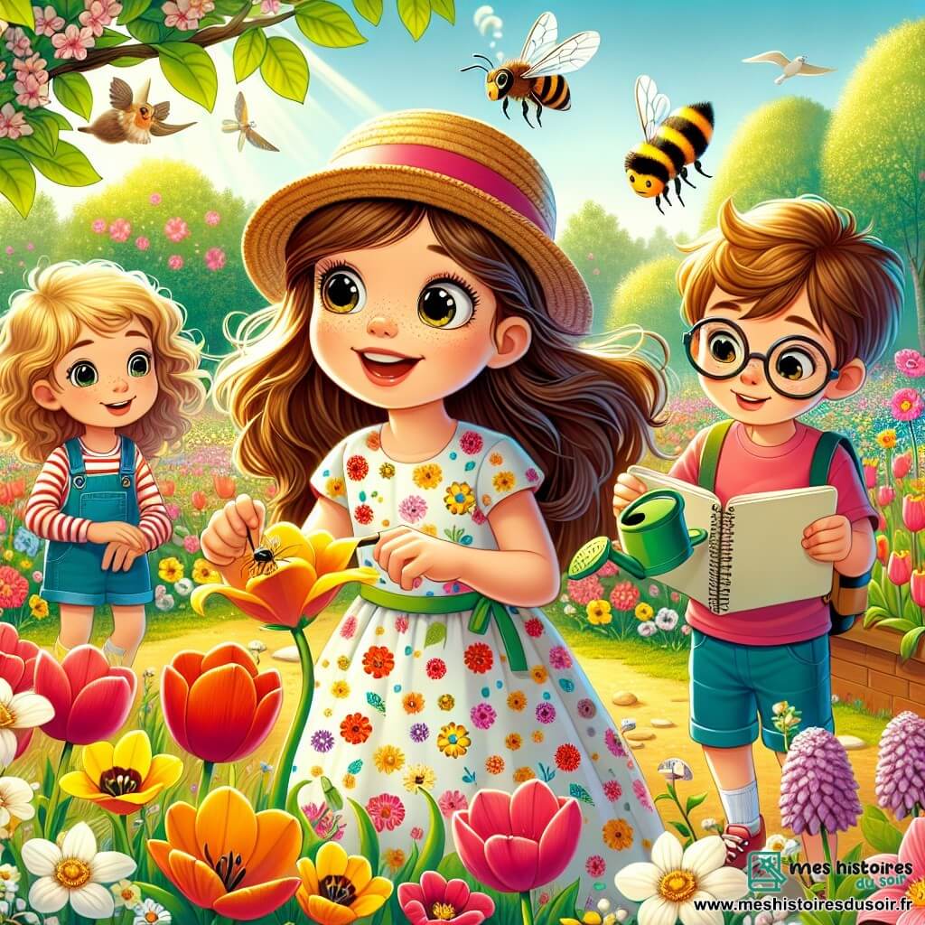 Léa, une petite fille de 8 ans aux longs cheveux bruns et aux yeux curieux, se tient dans un jardin en fleurs, portant une robe colorée et un chapeau de paille, souriant en observant une abeille. À sa droite, Tom, 8 ans, aux cheveux blonds et lunettes rondes, dessine un insecte avec concentration. À sa gauche, Emma, 7 ans, avec des cheveux bouclés et un t-shirt rose, arrose les fleurs avec un arrosoir, souriante. Le jardin est coloré avec des tulipes, des jonquilles et des coquelicots, tandis que des oiseaux chantent. Léa et ses amis découvrent les merveilles du printemps, partageant un moment joyeux et éducatif sur la nature.