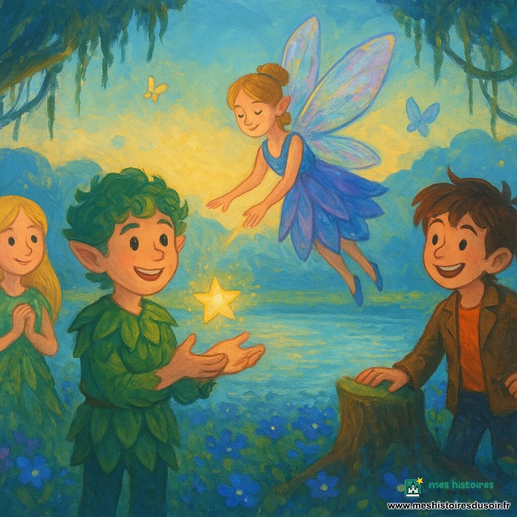 Élio, jeune lutin garçon aux cheveux bouclés verts et petites oreilles pointues, sourit en tendant les mains pour recevoir un cristal étoilé doré que lui remet Lyria, fée des rêves aux ailes translucides irisées et robe de pétales bleus et violets, tandis que Juna, fille aux longs cheveux blonds et robe verte en feuilles, regarde tendrement à gauche près d’un buisson de fleurs en forme de cœur et que Tiko, garçon espiègle aux cheveux bruns et veste rapiécée, rit à droite appuyé sur une souche moussuée ; la scène intime se déroule au bord d’un lac miroir dans une vallée lumineuse aux rives tapissées de fleurs bleues et violettes émettant des lueurs, arbres couverts de lianes phosphorescentes et papillons irisés, rendu style gouache aux textures épaisses, couleurs saturées, coups de pinceau visibles, contours doux et formes rondes.