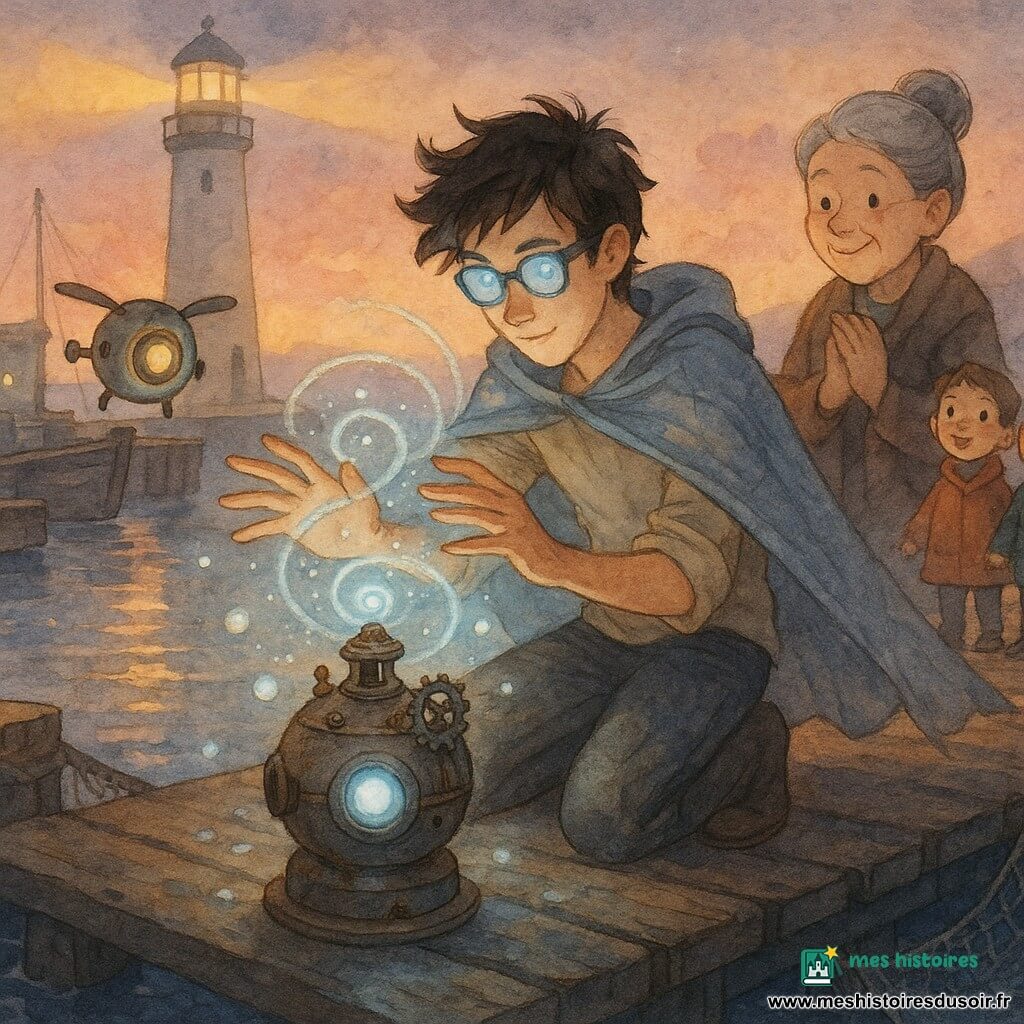 Un jeune homme d'environ 19 ans, cheveux en bataille brun foncé et lunettes bleu électrique, porte une cape fine tissée de fibres solaires; concentré et serein, il tient les mains au-dessus d'une vieille balise mécanique ronde à engrenages qui émet des spirales lumineuses. À droite sur la jetée, Manon, la directrice, petite aux cheveux gris en chignon et au visage rassurant, applaudit doucement; à gauche, un petit drone nommé Pixel, coque métallique mate et grand œil lumineux, vole au-dessus de l'eau avec une expression à la fois facétieuse et anxieuse. Trois enfants de 8–10 ans en manteaux colorés se tiennent en arrière-plan, main dans la main, émerveillés. Le cadre est un port au crépuscule — quais en bois humides, phare blanc avec faisceaux jaunes, barges et filets, eau calme reflétant lumières, bulles lumineuses et algues argentées autour de la balise — l'ambiance est douce, vibrante et magique, avec éclats lumineux et reflets aquarelle.