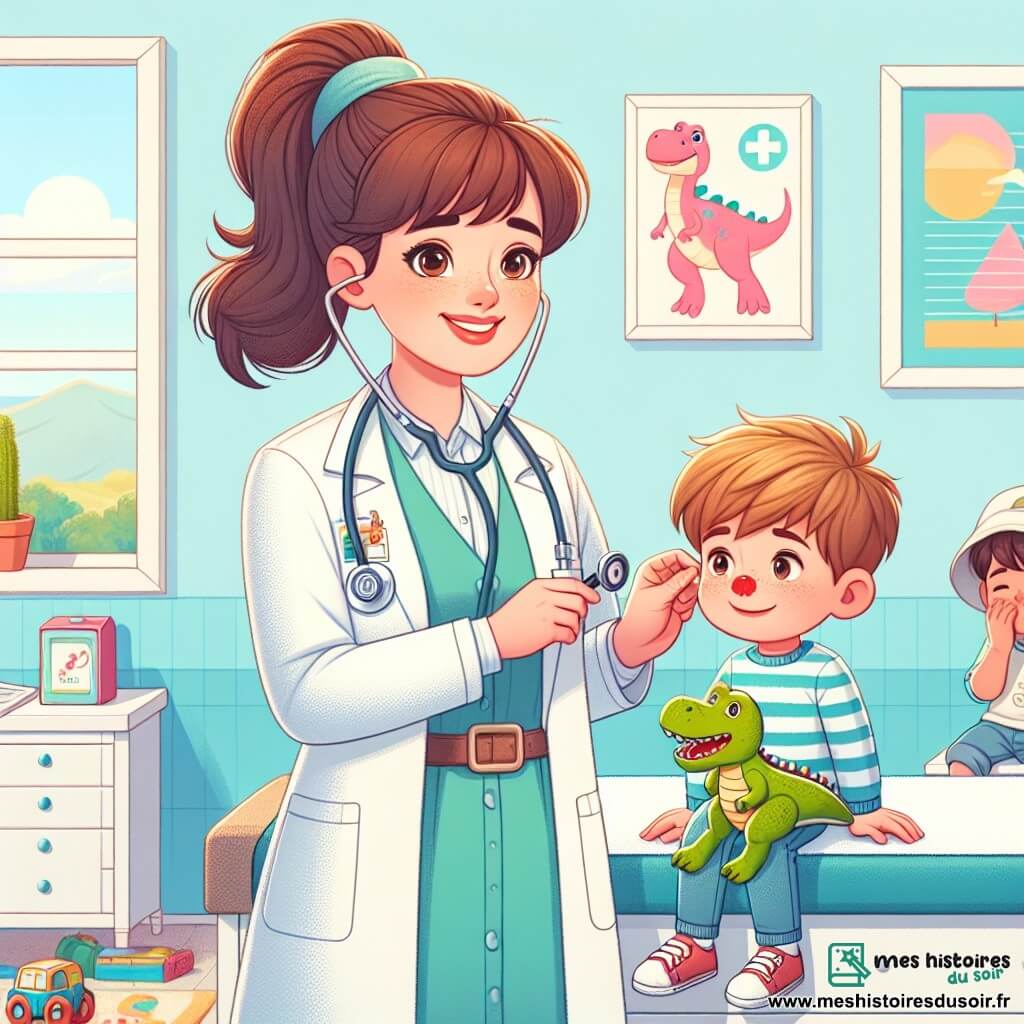 Le docteur Clara, souriante avec de longs cheveux bruns en queue de cheval et portant une blouse blanche et un stéthoscope, soigne un petit garçon, Timéo, 6 ans, assis sur la table d'examen. Timéo, avec des cheveux châtains en bataille et un nez rouge à cause de son rhume, admire le docteur tout en tenant un jouet dinosaure. À côté, Lucas, 7 ans, avec une jambe bandée et une grimace, est accompagné de sa maman inquiète mais reconnaissante. La scène se déroule dans un cabinet médical chaleureux aux murs bleu pastel, rempli d'affiches colorées et de jouets. Le docteur Clara examine Timéo tout en prêtant attention à Lucas, illustrant l'importance des soins pour les enfants malades.