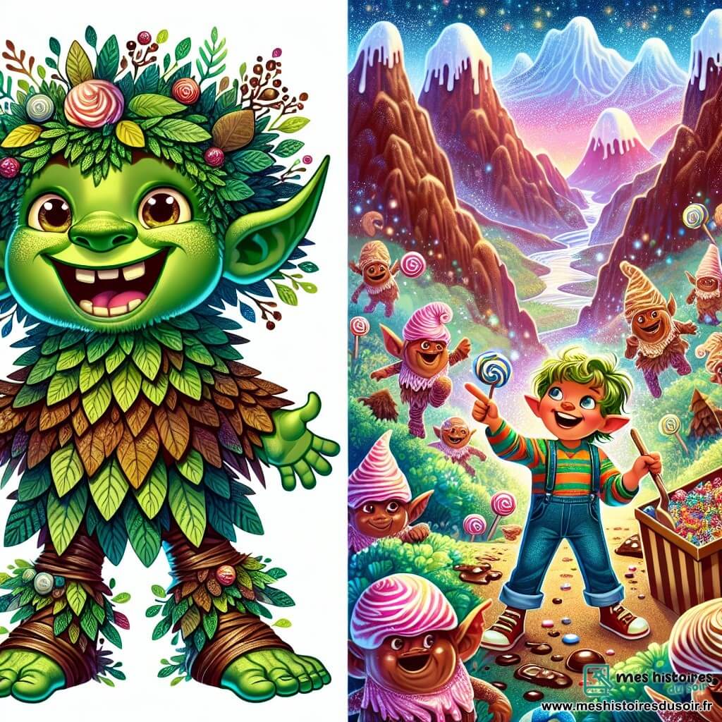 Un troll au grand cœur, Grumbold, se tient au centre de l'image, avec une peau verdâtre et des cheveux en désordre. Il sourit joyeusement, les bras ouverts, prêt à jouer une blague. À ses côtés, Léo, un petit garçon de huit ans avec des cheveux roses, pointe vers une boîte de bonbons, son visage rayonnant d'excitation. En arrière-plan, la Montagne de Chocolat, entourée d'arbres en guimauve, présente des cascades de chocolat. Des lutins farceurs dansent autour de la boîte, créant une ambiance festive remplie de couleurs vives et de douceurs sucrées.