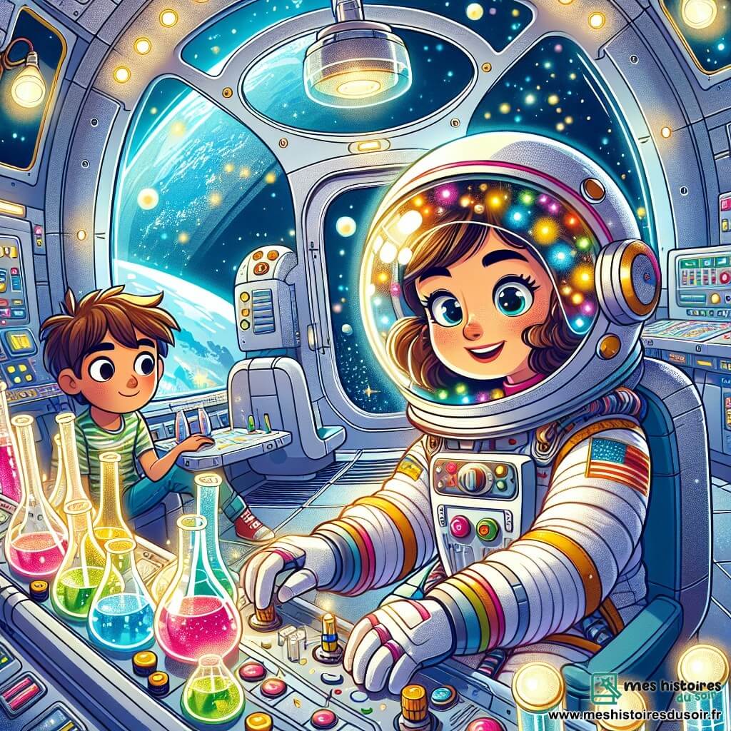 Une femme astronaute, la capitaine Zoé, flotte avec un sourire radieux, curieuse. Elle porte une combinaison spatiale blanche et un casque à visière dorée, manipulant des boutons sur un tableau de contrôle. À ses côtés, Léo, un garçon de 10 ans aux cheveux bruns en bataille, observe avec émerveillement. La scène se déroule dans une station spatiale aux murs métalliques argentés, avec des lumières clignotantes et des hublots offrant une vue sur la Terre et les étoiles. Zoé et Léo préparent une expérience scientifique, entourés de gadgets futuristes et de flacons colorés, éclairés par une douce lumière.
