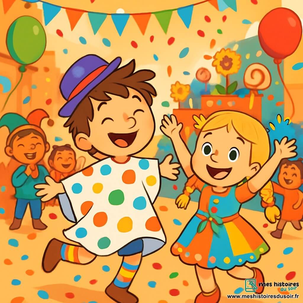 Léo, un garçon de 7 ans aux cheveux bruns en bataille et au sourire éclatant, danse joyeusement au centre de l'image, vêtu d'un costume à pois, d'un chapeau de travers et de chaussettes multicolores. À ses côtés, Zoé, une fille de 7 ans avec des cheveux blonds tressés et des yeux pétillants, porte une robe colorée ornée de rubans et de boutons brillants. Ils se trouvent dans une rue animée pendant le carnaval, décorée de guirlandes scintillantes, de ballons et de chars fleuris. Des confettis tombent, créant une atmosphère festive. Léo et Zoé dansent et rient ensemble, entourés d'enfants déguisés qui applaudissent et s'amusent, rayonnant de joie dans une ambiance musicale et joyeuse.