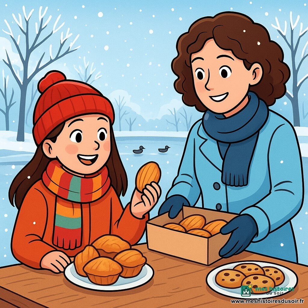 Maïa, une fille de 10 ans aux longs cheveux bruns et joues rosées, sourit en tenant une madeleine. Elle porte un bonnet rouge et une écharpe rayée, près d'une table en bois avec des gâteaux. À côté, une femme d'une trentaine d'années aux cheveux bouclés dépose des gâteaux dans une boîte, vêtue d'un manteau bleu clair et de gants en laine. Le décor est un parc d'hiver avec des arbres dénudés recouverts de givre, un lac gelé et des canards sur la glace. Maïa, émerveillée, prend un gâteau et admire le paysage paisible sous les flocons de neige.