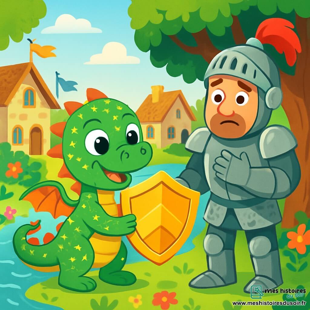 Un petit dragon nommé Léo, avec des écailles brillantes et de grands yeux curieux, se tient au bord d'une rivière, souriant et excité. Il tient un bouclier magique doré, prêt à le remettre à un chevalier grand et robuste, portant une armure argentée et affichant une expression d'inquiétude, qui l'attend près d'un chêne. En arrière-plan, un village médiéval se dessine avec des maisons en pierre, des jardins fleuris et des drapeaux flottants. La lumière du soleil crée une ambiance chaleureuse. Léo vient de retrouver le bouclier perdu du chevalier, et ils célèbrent ensemble ce moment de victoire, prêts pour l'aventure.