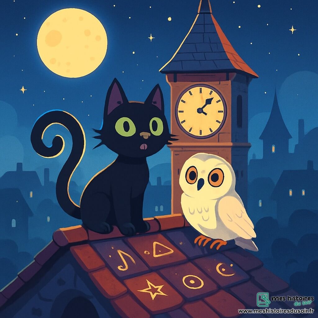 Un chat noir aux yeux émeraude, nommé Félix, se tient sur le toit d'une vieille tour de l'horloge, curieux et déterminé. Sa queue en spirale brille sous la lumière de la lune. À ses côtés, une chouette blanche, Luna, observe attentivement, ses grands yeux ronds reflétant sagesse et inquiétude. La scène se déroule dans la nuit, avec un ciel étoilé et une lune pleine illuminant Brumeville, enveloppée dans un léger brouillard. La tour de l'horloge, majestueuse, est entourée de symboles mystérieux brillants au sol. Félix chante une mélodie pour réveiller les Gardiens de la Ville, tandis que des ombres dansent autour d'eux, créant une atmosphère magique et légèrement inquiétante.