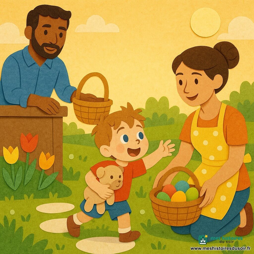 Un garçon de 4 ans joyeux, cheveux châtain clair en bataille et yeux bleus, serre son doudou beige et tend la main vers un panier d'œufs multicolores posé sur une petite table en bois; à droite sa mère d'environ 30 ans, chignon et tablier jaune à pois blancs, agenouillée montre le panier, et à gauche son père d'environ 32 ans, barbe légère et chemise bleue, tient un panier vide; scène de matin dans un jardin au décor en papier (herbe en couches, tulipes rouges et jaunes, dalles blanches, gouttes de rosée), oreilles de lapin en papier qui bougent, lumière dorée, ambiance chaleureuse et ludique, couleurs vives, contours nets et ombres douces, composition centrée et lisible pour les enfants.