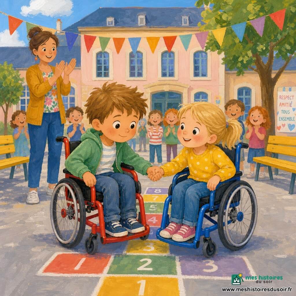 Lucas, 6 ans, visage rond et cheveux châtain clair en bataille, expression curieuse et timide, est assis dans un fauteuil roulant rouge vif, mains sur les roues, penché en avant ; à côté, Emma, 6 ans, cheveux blonds en couette et sourire confiant, tient sa main pour l’encourager dans son fauteuil bleu ; derrière eux, une enseignante d’environ 30 ans, cheveux bruns attachés et tenue colorée, applaudit avec bienveillance ; la cour d’école montre une marelle multicolore peinte sur le sol, bancs jaunes, banderoles vives et un bâtiment pastel en arrière-plan ; la scène est chaleureuse et inclusive, d’autres enfants flous applaudissent et l’éclairage doux de fin de matinée donne un rendu pictural avec coups de pinceau apparents.