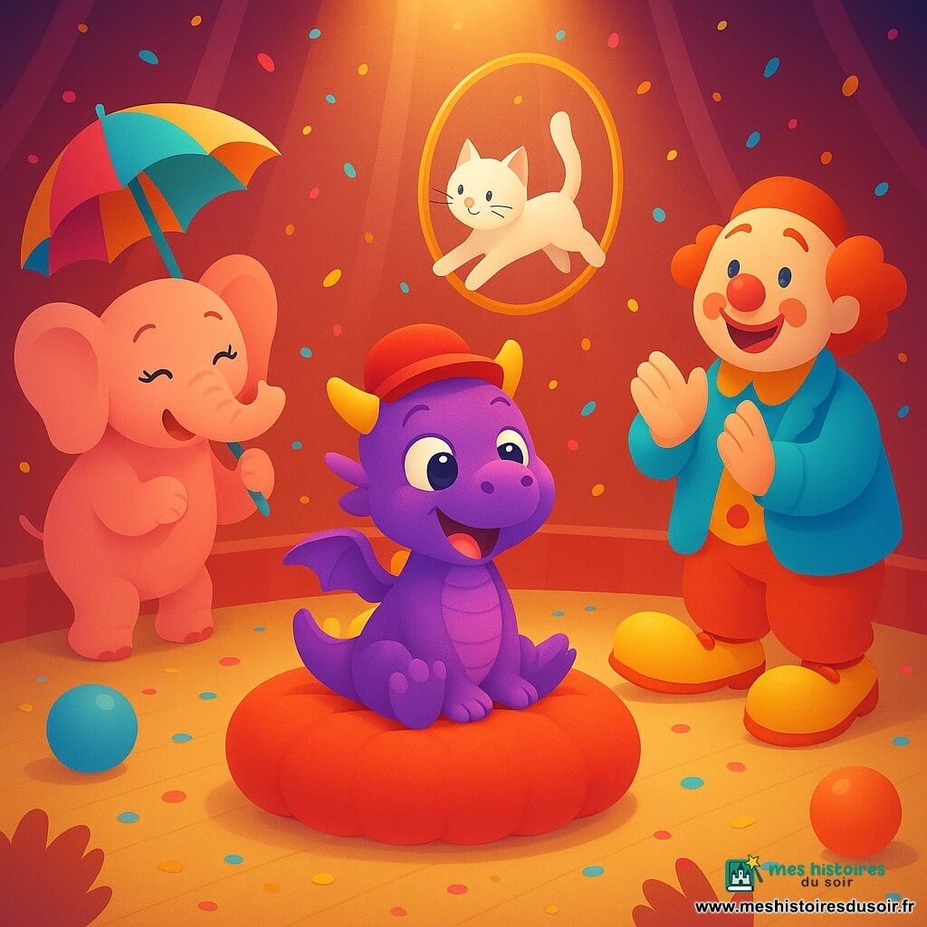 Popi, un petit dragon violet aux cornes jaunes et aux écailles brillantes, est assis sur un gros coussin rouge au centre de la piste; autour de lui, Mimi l'éléphante rose tient un parapluie coloré et rit, Loulou le clown en veste bleue et chaussures jaunes applaudit, et Zouzou le chat blanc saute à travers un cerceau doré; le chapiteau rouge et blanc, éclairé par un projecteur chaud, sur un sol en bois verni parsemé de confettis et de ballons, offre une scène de spectacle joyeuse et lumineuse.