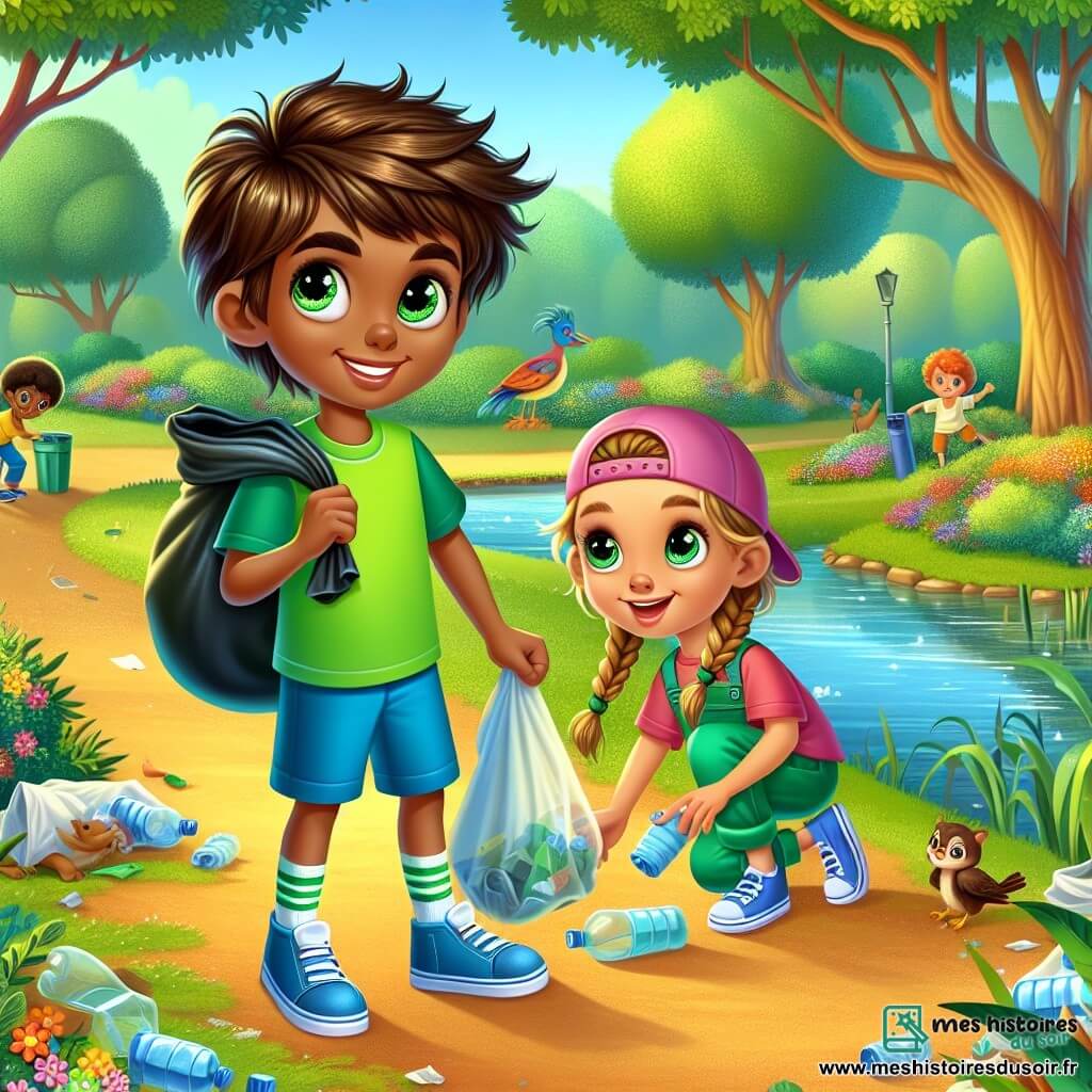 Maxime, un garçon de 8 ans aux cheveux bruns en bataille et aux yeux déterminés, porte un t-shirt vert et un short bleu. Il sourit fièrement en ramassant des déchets près d'un étang, tenant un sac poubelle et une bouteille en plastique. À ses côtés, sa meilleure amie Léa, également âgée de 8 ans, a des cheveux blonds tressés et une casquette rose, et s'agenouille pour ramasser un sachet en papier. Le parc est verdoyant, avec de grands arbres, des fleurs colorées et un étang scintillant. Maxime et Léa, entourés de sacs poubelles, illustrent leur effort pour nettoyer le parc et protéger la nature.