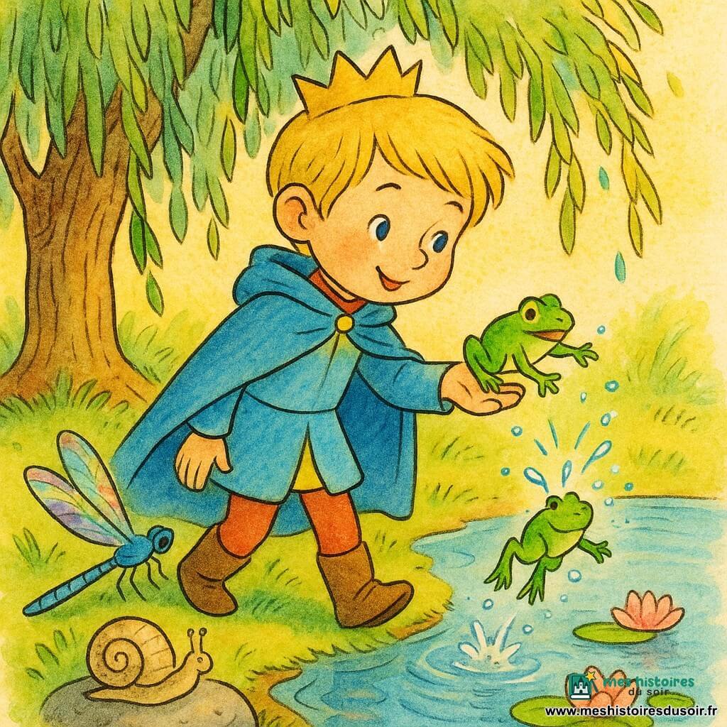 Un jeune prince blond aux yeux bleus et manteau bleu tient une petite grenouille verte qu'il aide à regagner une mare sous un grand saule aux nénuphars roses; une libellule aux ailes irisées repose à côté et un escargot à la coquille nacrée est posé sur une pierre, baignés d'une douce lumière et d'une atmosphère chaleureuse et sereine.