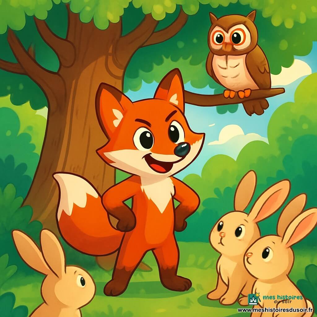 Roux, un renard aux yeux pétillants et au pelage flamboyant, se tient courageusement devant un grand chêne, affichant une expression déterminée. Il parle aux autres animaux de la forêt pour les encourager à se rassembler. À ses côtés, un groupe de lapins aux oreilles longues écoute Roux avec intérêt, tandis qu'un hibou sage, perché sur une branche, observe la scène. La forêt des murmures est dense et verdoyante, baignée de lumière. Roux inspire les animaux à surmonter leur peur du Grand Méchant Loup, leur montrant que l'unité et le courage peuvent les protéger.