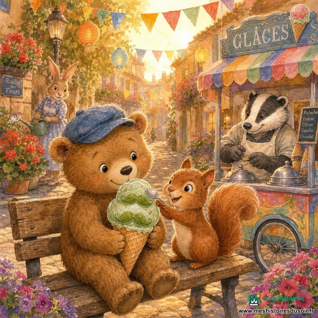 Petit ours caramel casquette bleue, yeux doux, tenant une grosse glace pistache aux moustaches vertes, assis sur un banc partagé avec un écureuil roux joyeux posant une patte sur la cuillère, un vieux blaireau marchand de glaces derrière sa charrette comptant la monnaie, Madame Lapin à l'arrière-plan arrosant des géraniums, ruelle fleurie d'été aux pavés chauds, fanions et lampions sous une lumière dorée de coucher de soleil, rendu aquarelle avec détails nets au stylo gel blanc.
