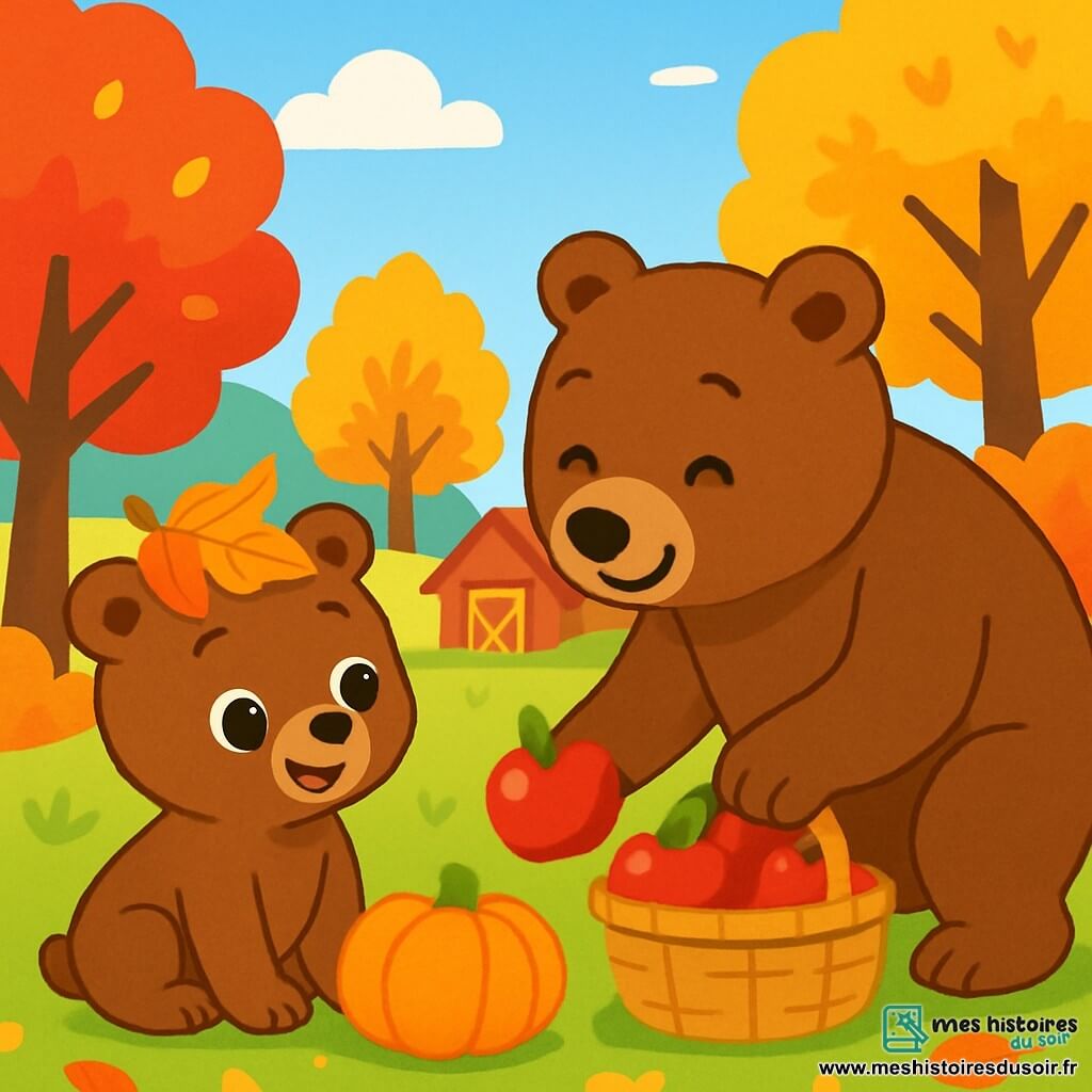 Petit Ours, un ourson brun aux grands yeux brillants, est assis sur l'herbe, émerveillé par une citrouille orange à ses côtés, portant un chapeau en feuilles d'automne. À proximité, Papa Ours, un grand ours brun affectueux, ramasse des pommes rouges, souriant avec fierté. La scène se déroule dans une ferme pittoresque entourée d'arbres aux feuilles colorées, sous un ciel bleu clair. Petit Ours et Papa Ours profitent d'une belle journée d'automne, ramassant des fruits et admirant la nature.