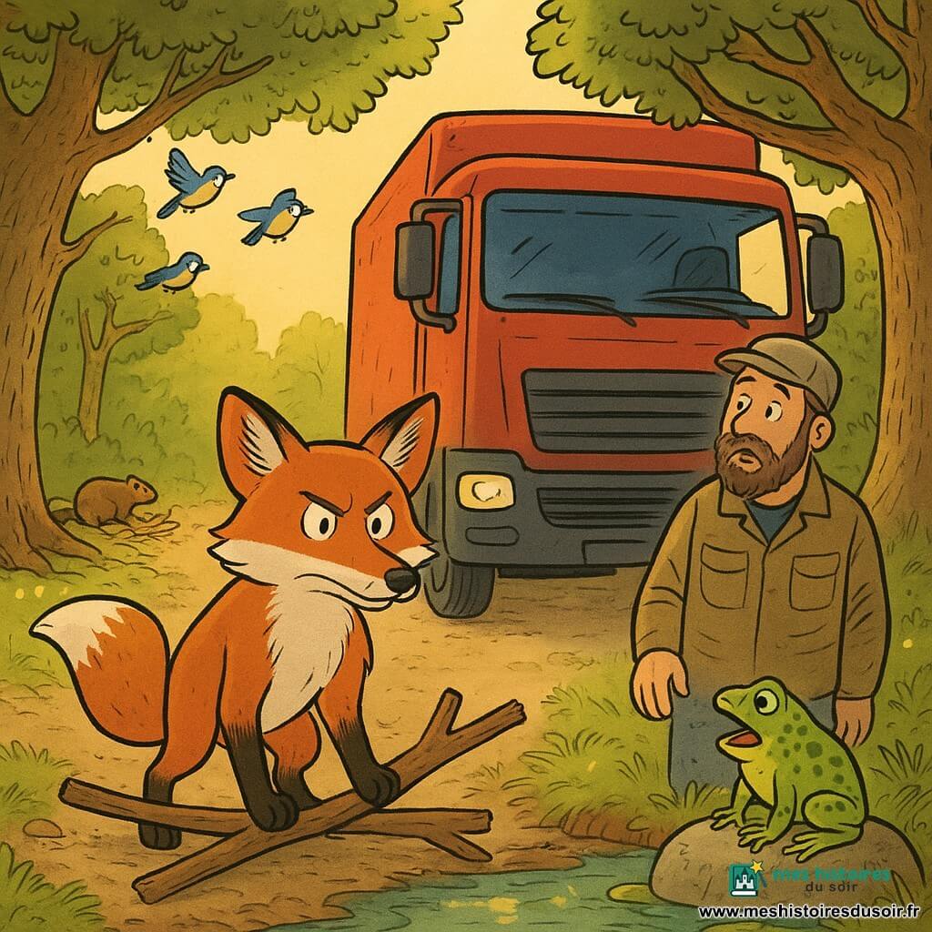 Un renard roux au pelage brillant et aux moustaches épaisses, déterminé, bloque un camion en posant ses pattes avant sur des branches en croix ; la grenouille Lila, petite et verte tachetée d'émeraude, chante fièrement depuis une pierre au bord d'une mare ; un chef de chantier d'environ 40 ans, barbe tressée et veste de travail poussiéreuse, arrêté près du camion, la main sur un chêne, regarde, surpris et ému ; en arrière-plan, mésanges en trio, castors sculptant sur la rive et lucioles scintillantes dans une forêt de chênes et de saules aux racines noueuses, tapis de mousse et clairière de feuilles dorées au coucher du soleil, ambiance de confrontation pacifique et d'émerveillement.