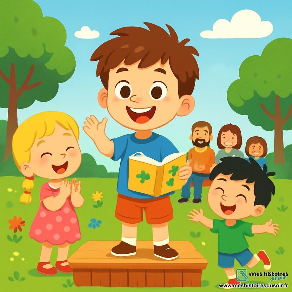 Un garçon de 6 ans, Léo, avec des cheveux bruns en bataille et un t-shirt bleu à motif de dinosaure, sourit largement sur une petite scène en bois, tenant un livre d'histoires. À ses côtés, Emma, une fille de 6 ans aux cheveux blonds tressés et en robe rose à pois, applaudit avec fierté. Lucas, un garçon de 6 ans aux cheveux noirs et en t-shirt vert, danse joyeusement. Le décor est un parc ensoleillé avec des arbres, des fleurs colorées et un ciel bleu clair. Des parents et des enfants applaudissent. Léo, nerveux mais déterminé, raconte une histoire captivante à ses amis et au public, créant une ambiance joyeuse et encourageante.