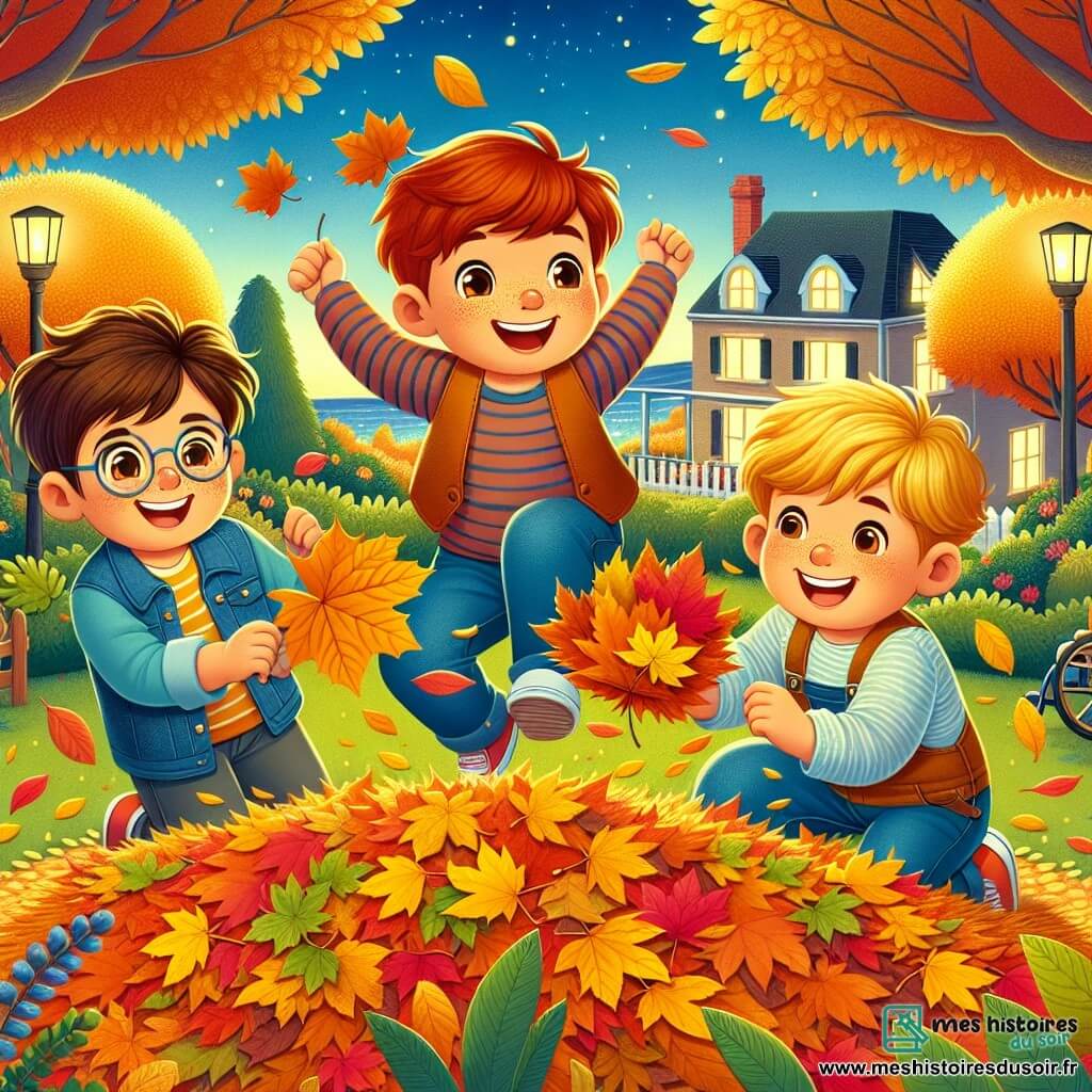 Trois garçons sont au centre de l'image : Lucas, 8 ans, avec des cheveux bruns et des lunettes, sourit en tenant une grande feuille dorée. À sa droite, Timéo, 7 ans, aux cheveux blonds, saute dans un tas de feuilles colorées. À gauche, Noah, 5 ans, avec des cheveux châtains, ramasse des feuilles à côté d'un petit fauteuil à roulettes. Le jardin d'automne est rempli d'arbres aux feuilles dorées, oranges et rouges, sous un ciel bleu clair, et le sol est couvert de feuilles. Au fond, une maison chaleureuse avec des fenêtres illuminées. Les garçons s'amusent ensemble, riant et jouant autour d'un tas de feuilles, célébrant la beauté de l'automne.
