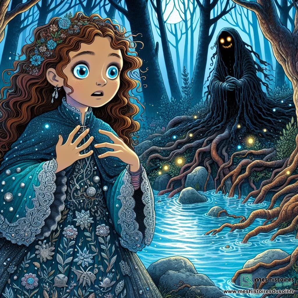 Lila, une fille de 12 ans, se tient au bord d'une rivière mystérieuse, ses yeux mêlant émerveillement et peur. Ses cheveux châtains bouclés tombent sur ses épaules, et elle porte une robe bleue ornée de fleurs argentées. Ses mains tremblent légèrement en touchant l'eau glacée, son visage reflétant curiosité et appréhension. Près d'elle, une créature sombre, assise sur un trône de racines et d'os, l'observe avec des yeux brillants et un sourire énigmatique. La scène se déroule dans une forêt dense, où la lumière de la lune filtre à travers les arbres tordus, projetant des ombres sur le sol humide. Lila, hésitante, est prête à affronter ses peurs, tandis que la créature mystérieuse l'observe, créant une atmosphère de magie sombre et de mystère.