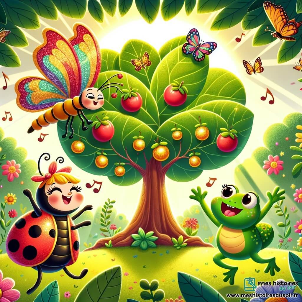 Une coccinelle nommée Lili, avec des ailes rouges et des points noirs, danse sur une feuille verte, rayonnante de bonheur. À ses côtés, un papillon coloré, Bébert, vole gracieusement, émerveillé. Non loin, une grenouille verte, Gigi, saute joyeusement, prête à les rejoindre. Ils se trouvent dans un jardin enchanté, rempli de fleurs vives et d'arbres aux fruits dorés. Au centre, un arbre majestueux, dont les fruits semblent tristes. Lili, Bébert et Gigi chantent et dansent autour de l'arbre, apportant joie et magie au jardin, tandis que les fruits brillent de leur bonheur contagieux.