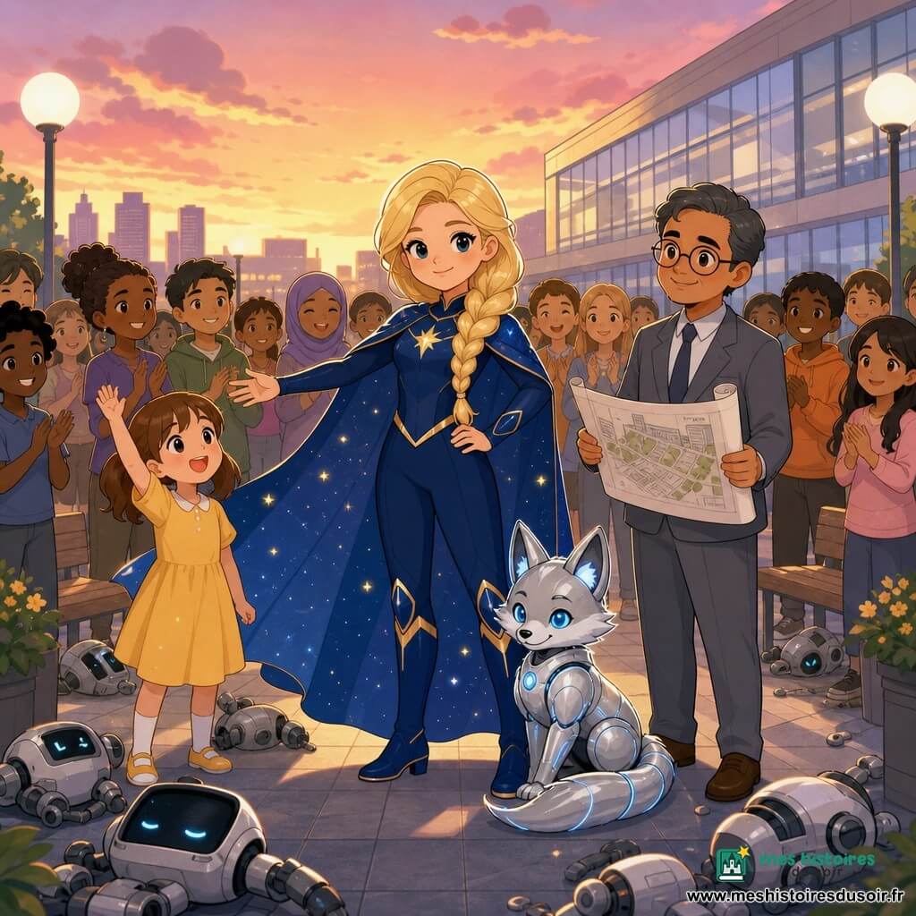 Femme super-héroïne souriante et déterminée, confiante et rassurante, cheveux blonds en longue tresse brillante, costume bleu nuit et cape étincelante parsemée de points lumineux, posée sur le parvis, une main sur la hanche et l’autre tendue vers la foule comme pour la protéger. Renard cybernétique argenté, petit et vif, yeux LED bleus, pelage métallisé, assis près de ses bottes avec la queue articulée enroulée autour d’une marche, expression malicieuse et loyale. Fille d’environ 8 ans, cheveux châtains en couette, robe jaune, yeux admiratifs, au premier rang à gauche saluant. Homme d’environ 45 ans, responsable du centre, costume gris, lunettes rondes, air soulagé, à droite de la héroïne tenant un plan de la ville. Parvis d’un centre civique moderne à façades vitrées, bancs et lampadaires ronds, soleil couchant orange-rose, silhouettes d’immeubles en arrière-plan. Scène : victoire calme après l’aventure — la super-héroïne vient d’arrêter des robots, la foule applaudit, quelques robots immobiles au sol, ambiance chaleureuse et lumineuse, couleurs pastel, traits simples et formes rondes, composition centrée sur la héroïne et le renard.