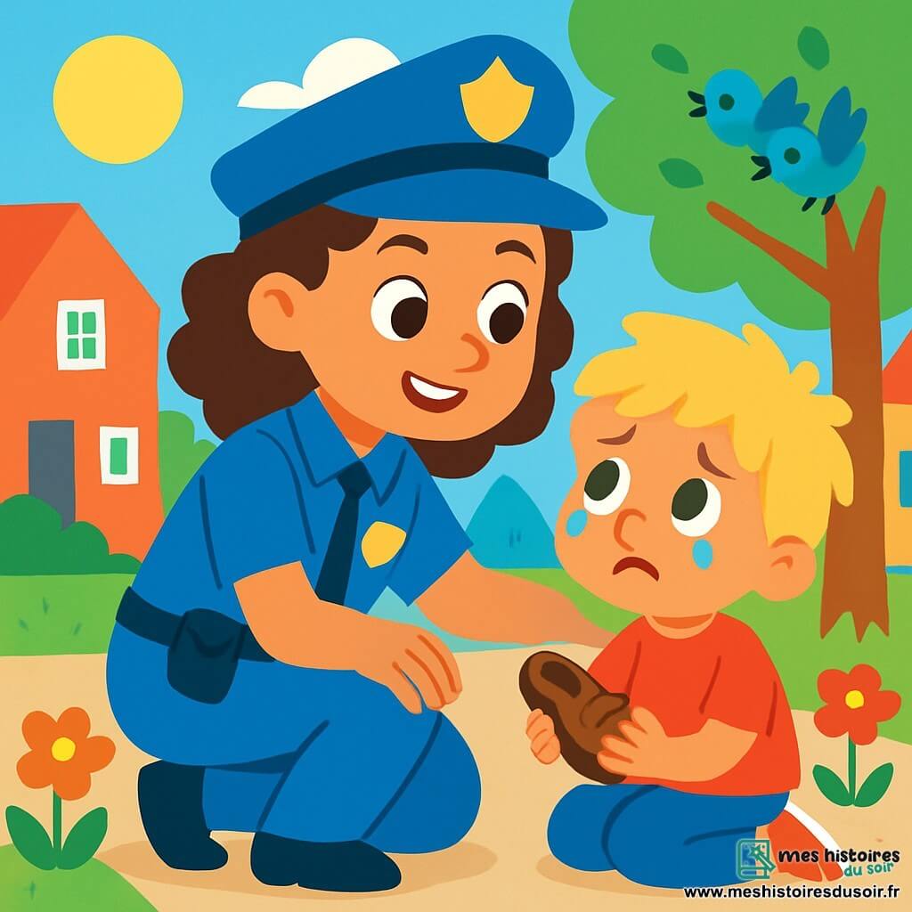 Une policière souriante, Lola, aux cheveux bruns et bouclés, porte un uniforme bleu vif et un chapeau. Elle s’accroupit avec bienveillance pour réconforter un petit garçon de 5 ans qui pleure. Le garçon, aux cheveux blonds en bataille et portant un t-shirt rouge, tient une chaussure et regarde Lola avec espoir. La scène se déroule dans une rue ensoleillée, bordée d'arbres verts et de maisons colorées, avec des fleurs aux couleurs vives le long du trottoir. Lola promet d’aider le petit garçon à retrouver son doudou perdu, tandis que des oiseaux chantent dans les arbres.