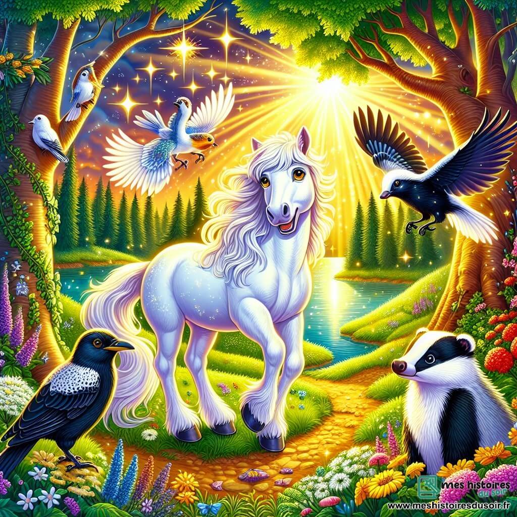 Un cheval blanc nommé Orion se tient au centre d'une clairière, ses yeux dorés brillants d'excitation. Sa crinière flotte dans le vent. À ses côtés, une pie nommée Lila virevolte joyeusement. Un blaireau sage, Barnabé, observe la scène près d'un arbre. La clairière est baignée de lumière dorée, entourée d'arbres majestueux et de fleurs colorées. Au fond, une rivière scintille. Orion et ses amis découvrent la magie d'une brume dorée qui transforme la clairière en un lieu féerique.