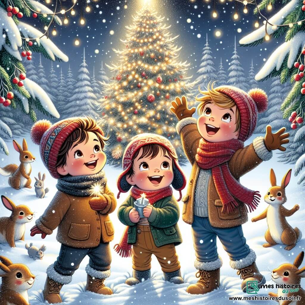 Dans une forêt enneigée, trois amis, Lucas, Max et Léo, s'amusent ensemble. Lucas, quatre ans, sourit les bras levés, Max, aussi quatre ans, admire une lumière scintillante sous son bonnet rouge, et Léo, avec des cheveux blonds, rit en sautillant dans la neige avec une cloche en argent. Ils sont entourés d'un sapin décoré et d'animaux de la forêt qui dansent autour d'eux, créant une ambiance festive. Les enfants célèbrent la magie de Noël, riant et chantant sous les étoiles.