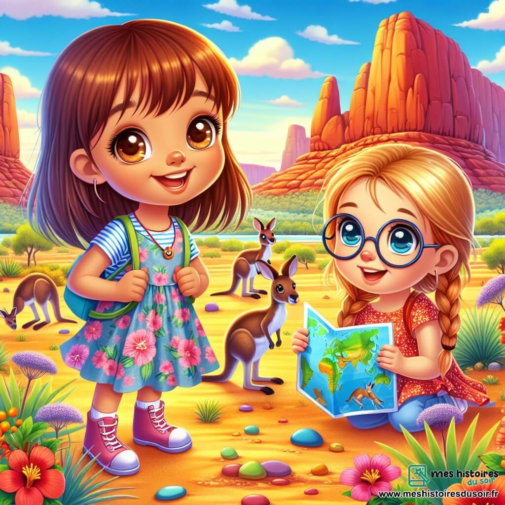 Au premier plan, Lilou, une petite fille de six ans avec des cheveux bruns et des yeux pétillants, porte une robe colorée à fleurs et est émerveillée par le paysage. À sa droite, Zoé, avec des cheveux blonds et des lunettes rondes, tient une carte du monde. À gauche, Mia, avec des cheveux châtains et une tresse, ramasse un caillou coloré en souriant. Le décor est l'Outback australien, avec un ciel bleu, des rochers rouges, des kangourous et des plantes colorées. Les trois amies découvrent les merveilles de la nature, prêtes pour une aventure inoubliable.