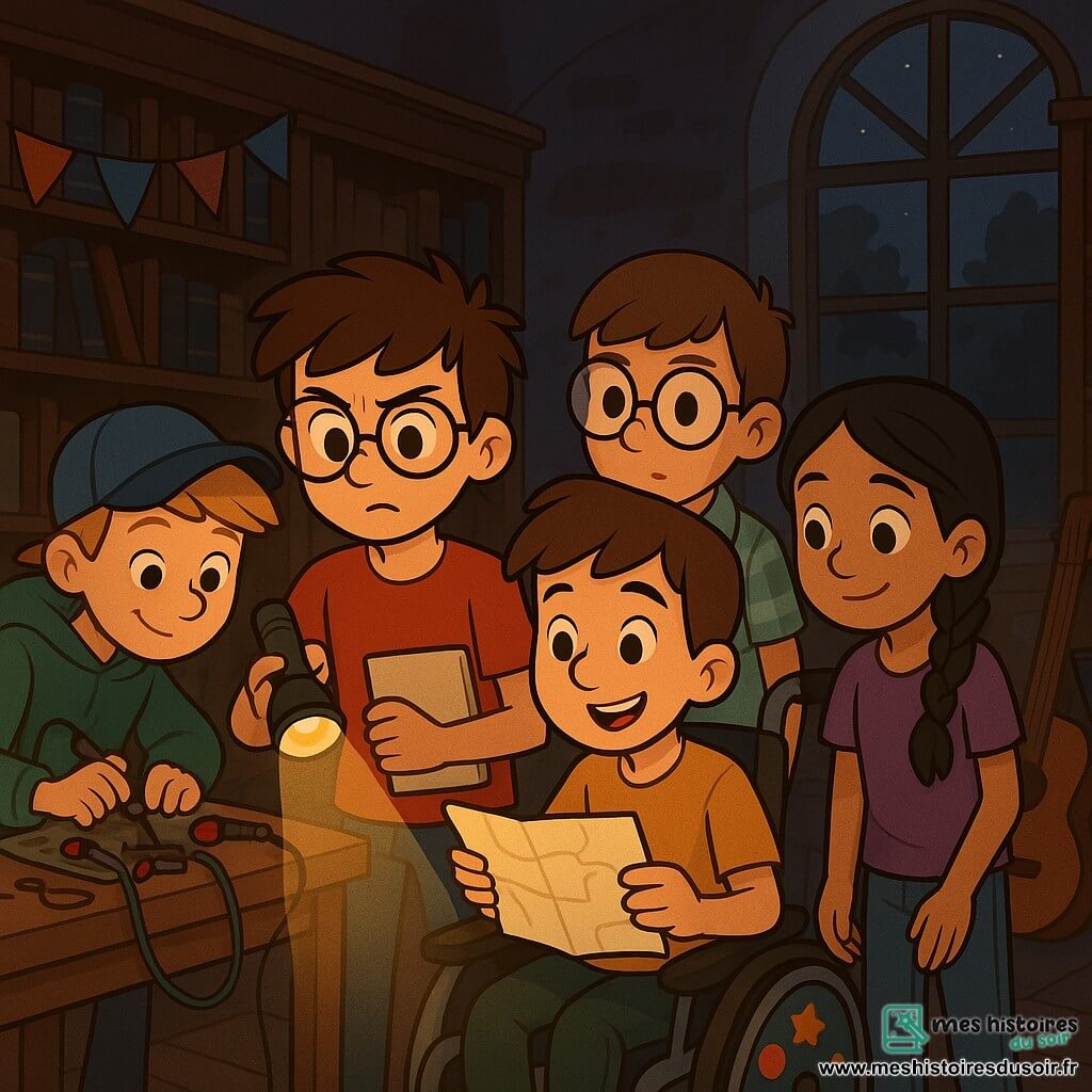Cinq personnages se trouvent dans l'ancienne bibliothèque de l'école : Lucas, un garçon de 12 ans avec des cheveux bruns en bataille et des lunettes rondes, tient un carnet et une lampe de poche ; Max, avec des cheveux blonds et une casquette bleue, bricole un gadget ; Tom, avec des cheveux châtains et des lunettes, examine une loupe ; Sam, souriant dans son fauteuil roulant décoré, regarde un plan de l'école ; et Léa, avec des cheveux longs et noirs en tresse, tient une note mystérieuse. Ils découvrent un secret en étudiant une note sur une table, tandis que des ombres dansent sur les murs, créant une atmosphère excitante.