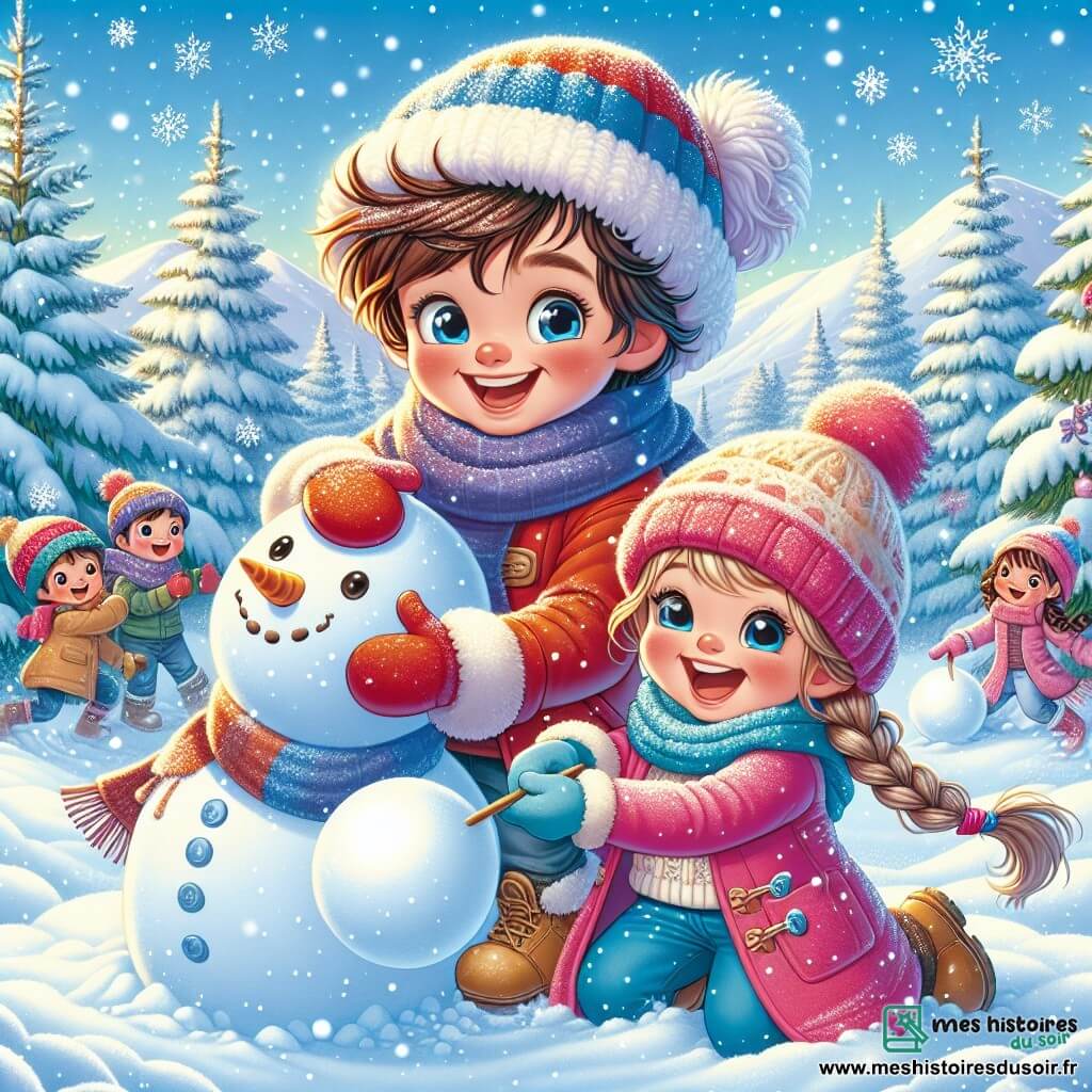 Lucas, un petit garçon de 5 ans aux cheveux bruns en bataille et aux joues roses, construit un bonhomme de neige. Il porte un manteau rouge, un bonnet bleu et des gants jaunes, affichant un large sourire. À ses côtés, Emma, une fille de 6 ans avec de longs cheveux blonds tressés et un manteau rose, l’aide à rouler une boule de neige, riant et montrant ses dents blanches. En arrière-plan, un paysage hivernal avec des sapins recouverts de neige scintillante et un ciel bleu clair se déploie, tandis que des flocons de neige tombent doucement. Lucas et Emma, entourés d'autres enfants, s'amusent ensemble dans la neige, créant des souvenirs joyeux d'un hiver magique.