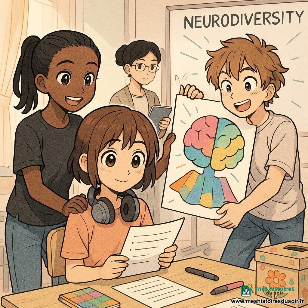 Lina, 12 ans, anxieuse mais soulagée, cheveux châtain court, casque anti-bruit autour du cou, lit calmement une feuille tandis que son carnet coloré est posé sur la table ; Nour, ~12 ans, souriante, cheveux attachés, se tient à côté d’elle, montre l’affiche et touche son épaule ; Théo, ~12 ans, enthousiaste, cheveux en bataille, colle le poster au tableau en tenant une petite balle anti-stress bleue sous la table ; Madame Lenoir, enseignante bienveillante d’environ 35–45 ans, chignon, carnet et marqueur, veille en arrière-plan près du tableau blanc ; lieu : salle polyvalente/classe aux murs clairs, rideaux mi-fermés, tables en demi-cercle, feutres et feuilles éparpillés, boîte à idées décorée ; situation : atelier sur la neurodiversité, affiche centrale avec grand cerveau multicolore en cape, ambiance chaleureuse en tons pastel, traits manga expressifs, composition claire pour des 12 ans.