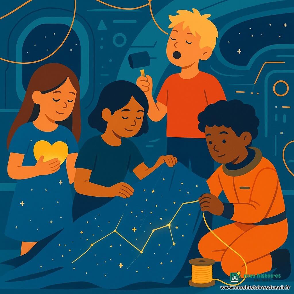 Quatre enfants se trouvent dans une salle des machines futuriste à l'intérieur d'un vaisseau spatial. Lila, 10 ans, a de longs cheveux bruns et porte une robe bleue étoilée. Mateo, 11 ans, a des cheveux bouclés noirs et porte une combinaison spatiale orange. Noor, 10 ans, a des cheveux noirs courts et utilise une canne argentée. Jules, 9 ans, a des cheveux blonds en bataille. Ils travaillent ensemble pour recoudre une Voile d'Étoiles déchirée, utilisant des fils lumineux qui brillent comme des constellations. La coque du vaisseau vibre doucement, émettant une lueur dorée.