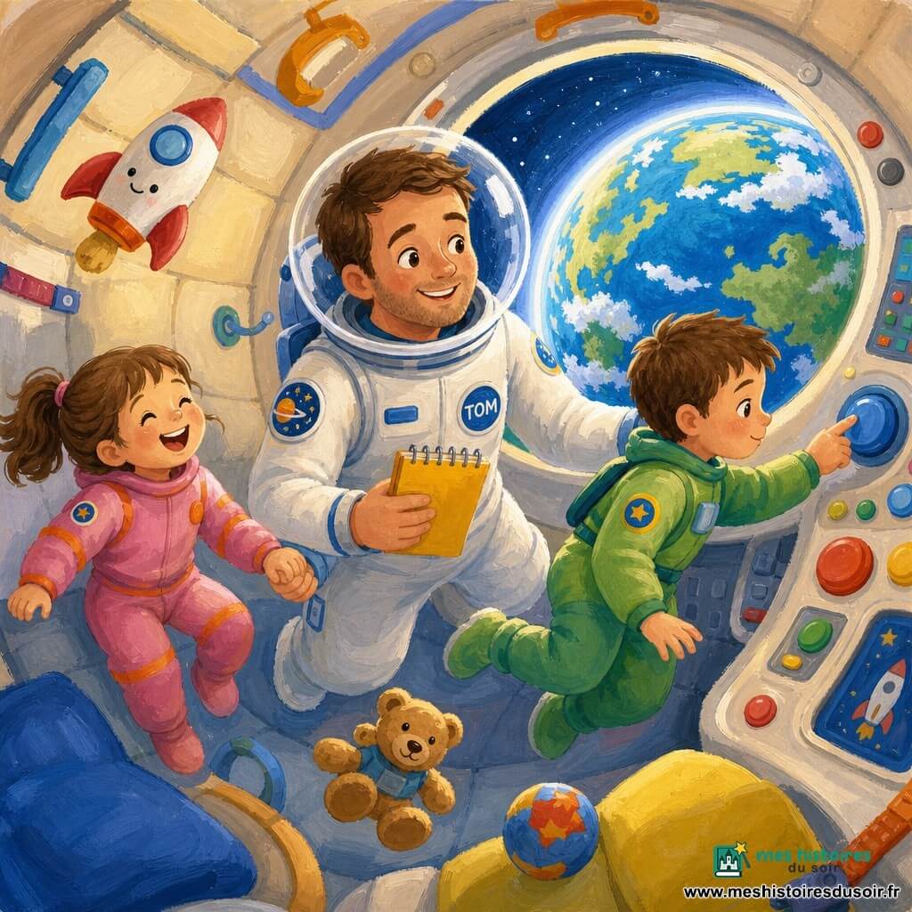 Tom, astronaute souriant et rassurant en combinaison blanche à écussons bleus et casque transparent reflétant la Terre, flotte en tenant un carnet jaune ; à sa gauche une fillette de six ans en combinaison rose à bandes orange rit en tenant la main d’un ami près du hublot, à sa droite un garçon de sept ans en combinaison verte touche un bouton rond bleu sur un tableau de bord arrondi ; l’intérieur du vaisseau est chaleureux et arrondi, murs crème, coussins moelleux, poignées en tissu, boutons colorés et jouets flottants, et par un grand hublot circulaire on voit une Terre bleue et verte avec nuages et halo lumineux — Tom et les enfants flottent main dans la main en vérifiant des boutons, atmosphère calme, couleurs pastel, coups de pinceau visibles et textures d’acrylique épaisses.
