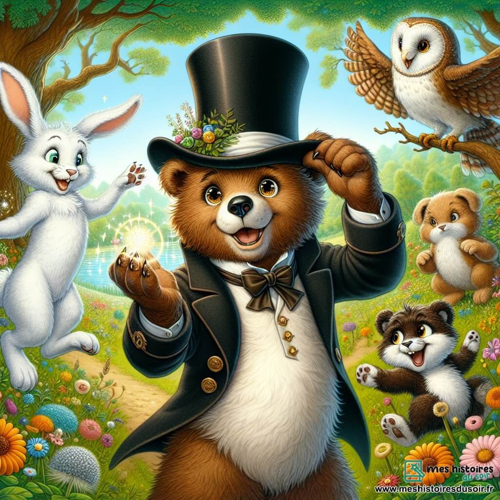 Au centre de l'image, Barnabé, un ours brun espiègle avec un chapeau haut-de-forme noir trop grand, sourit largement, les pattes levées. À sa gauche, Léon le lapin, avec ses grandes oreilles et son pelage blanc, saute de joie en tenant une boule scintillante. À droite, Fanny la fouine, rusée avec un pelage brun, rit aux éclats, les pattes sur les hanches. Maxime le hibou, sage et un peu grognon, est perché sur une branche, avec un léger sourire. La scène se déroule dans une clairière ensoleillée, entourée de fleurs colorées et d'un grand chêne, où Barnabé et ses amis s'amusent en pleine chasse au trésor, illustrant l'amitié et la joie de vivre.