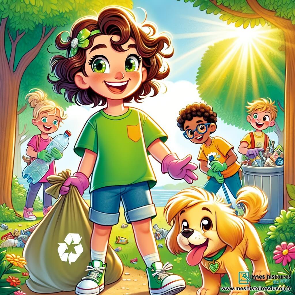 Lucie, une fillette de dix ans aux cheveux bouclés et aux yeux pétillants, sourit en tenant un sac en toile rempli de déchets recyclables. Elle porte un t-shirt vert vif et un short en jean, avec une attitude déterminée et joyeuse. À ses côtés, Oliver, un chien espiègle aux poils dorés, remue la queue, prêt à l'aider. La scène se déroule dans un parc ensoleillé, entouré d'arbres majestueux et de fleurs colorées. Des enfants de tous âges, portant des gants colorés, ramassent des déchets et trient des matériaux recyclables, créant une atmosphère joyeuse. Lucie et ses amis nettoient le parc, transformant les déchets en objets créatifs tout en riant et en partageant des idées pour protéger l'environnement.