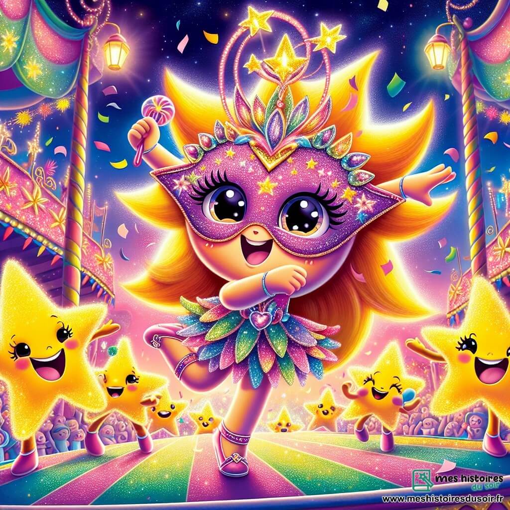 Étoilelette, une petite étoile lumineuse avec des yeux pétillants et un grand sourire, danse joyeusement sur un char coloré décoré de fleurs et de lumières scintillantes. Elle porte un masque magique et son corps irradie de lumière, créant une ambiance festive. À ses côtés, plusieurs étoiles amies applaudissent et dansent, ajoutant à l'atmosphère joyeuse. Le décor est un carnaval éclatant avec des chars colorés, des guirlandes lumineuses et des confettis tombant du ciel, sous un ciel crépusculaire rose et violet. La scène montre Étoilelette dansant avec enthousiasme, entourée de ses amies étoiles, tandis que des confettis multicolores tombent autour d'elles.